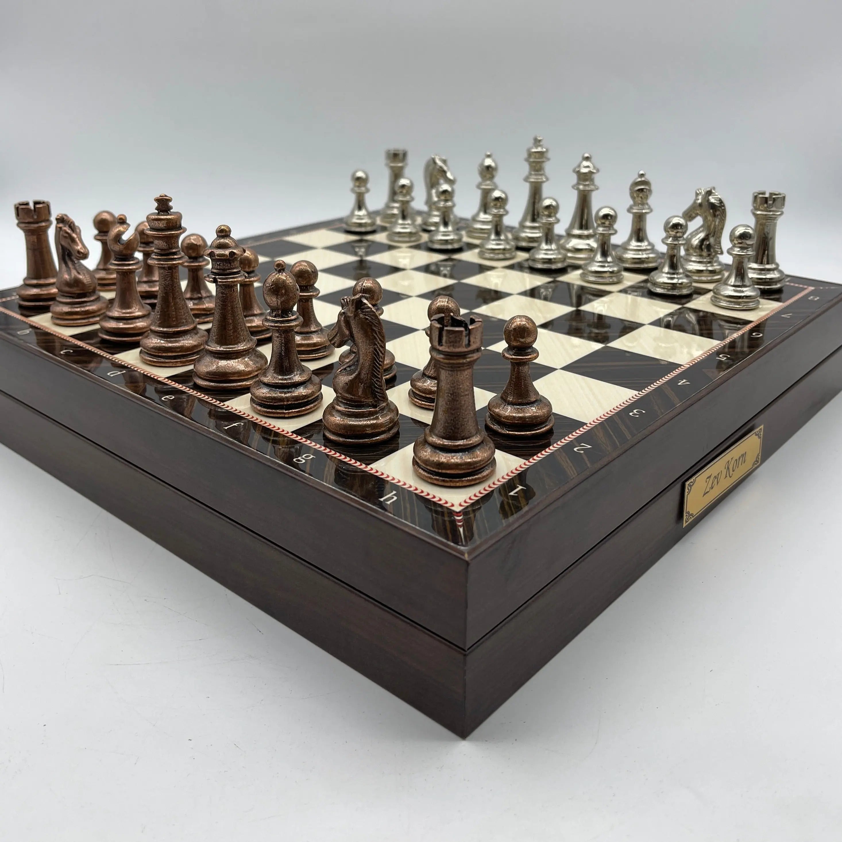 VIP Walnut Patterned Wooden Folding Chess Set with Metal Chess Pieces