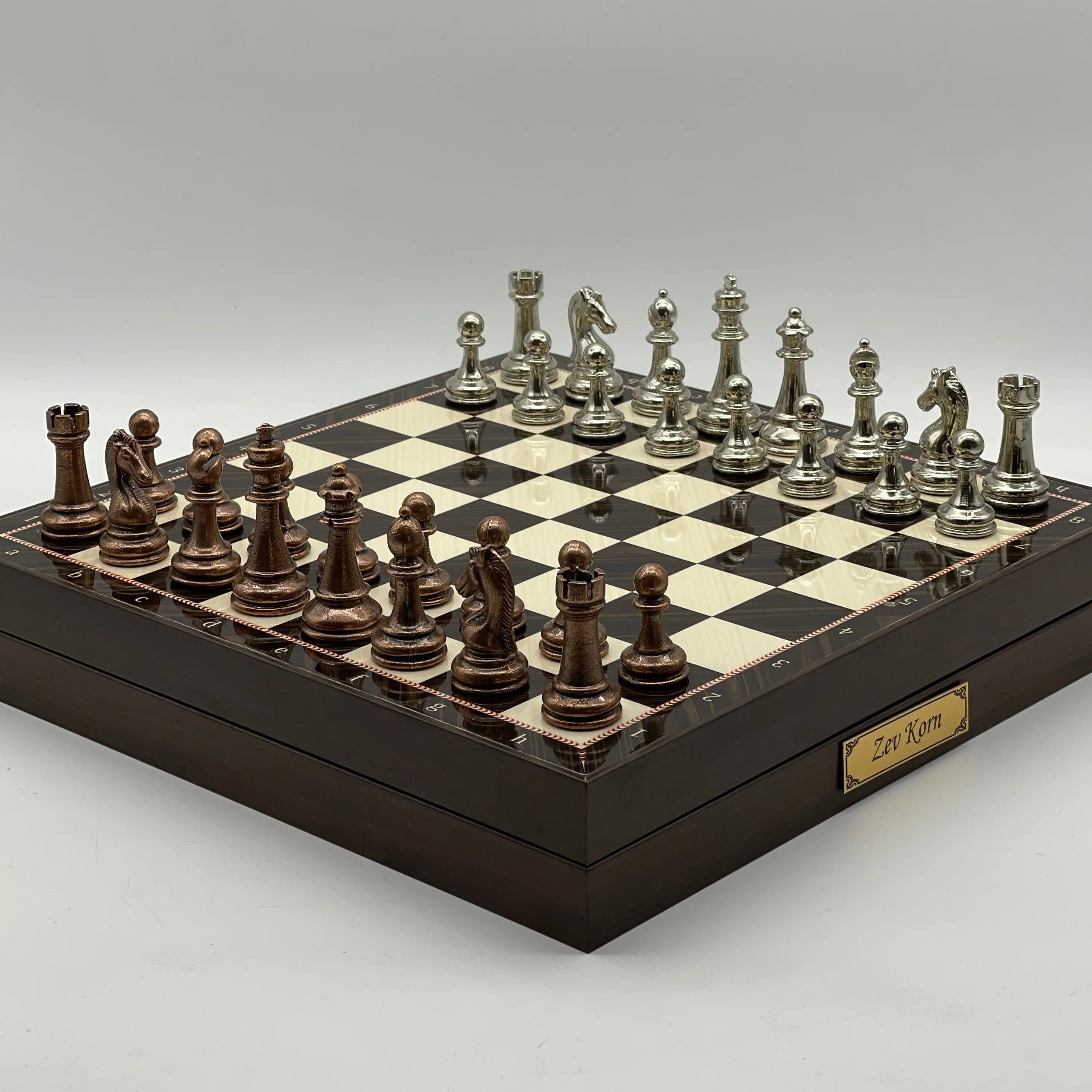VIP Walnut Patterned Wooden Folding Chess Set with Metal Chess Pieces