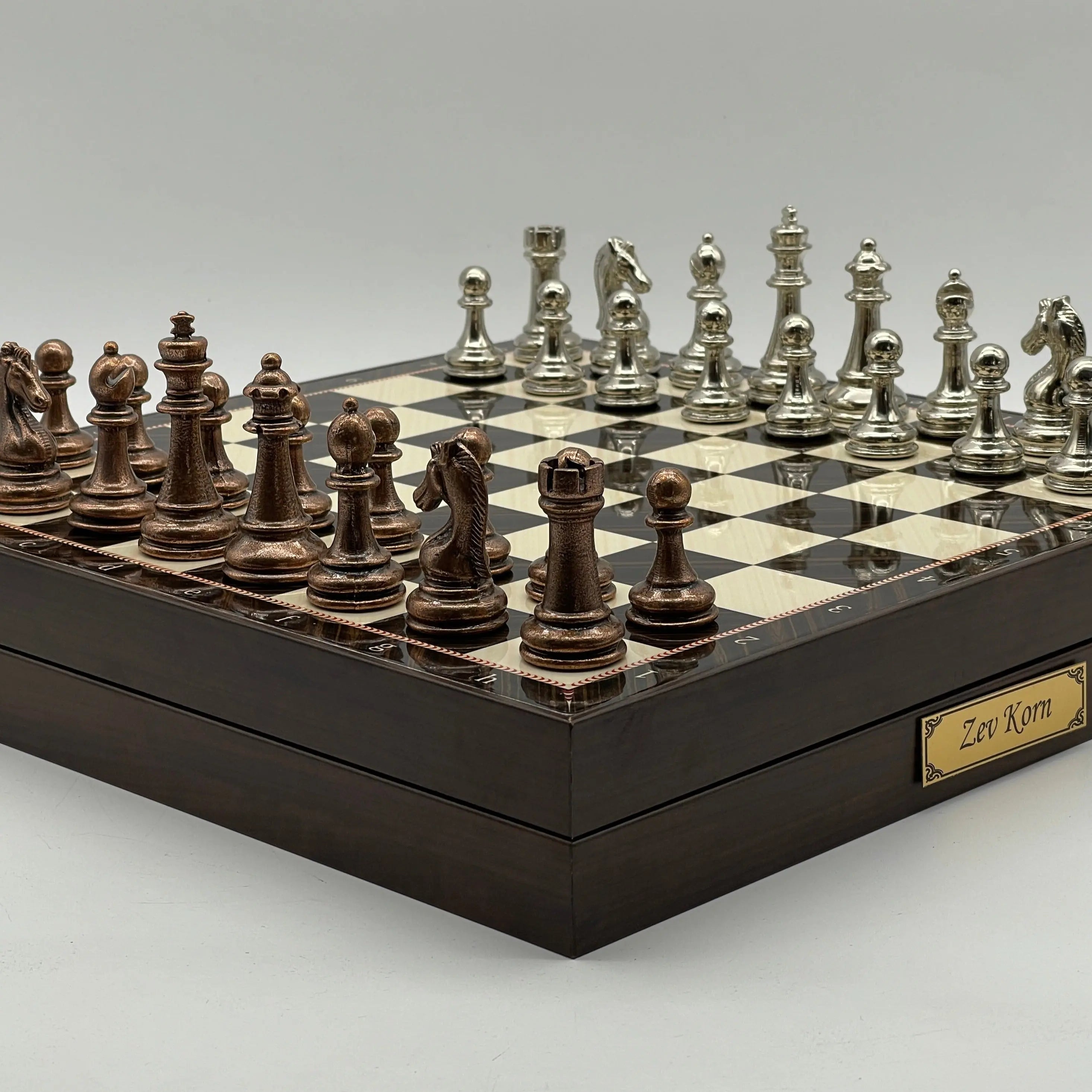 VIP Walnut Patterned Wooden Folding Chess Set with Metal Chess Pieces