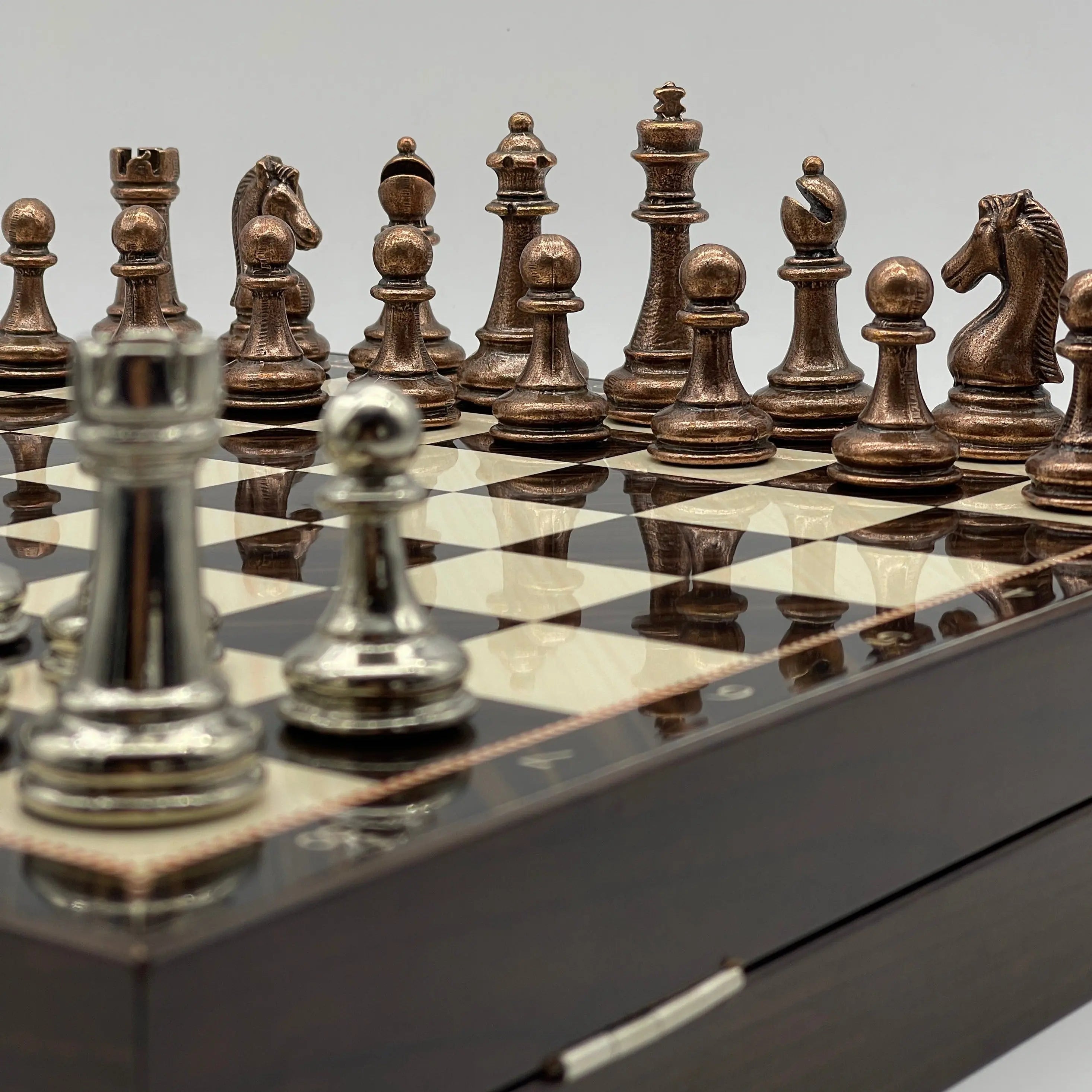 VIP Walnut Patterned Wooden Folding Chess Set with Metal Chess Pieces