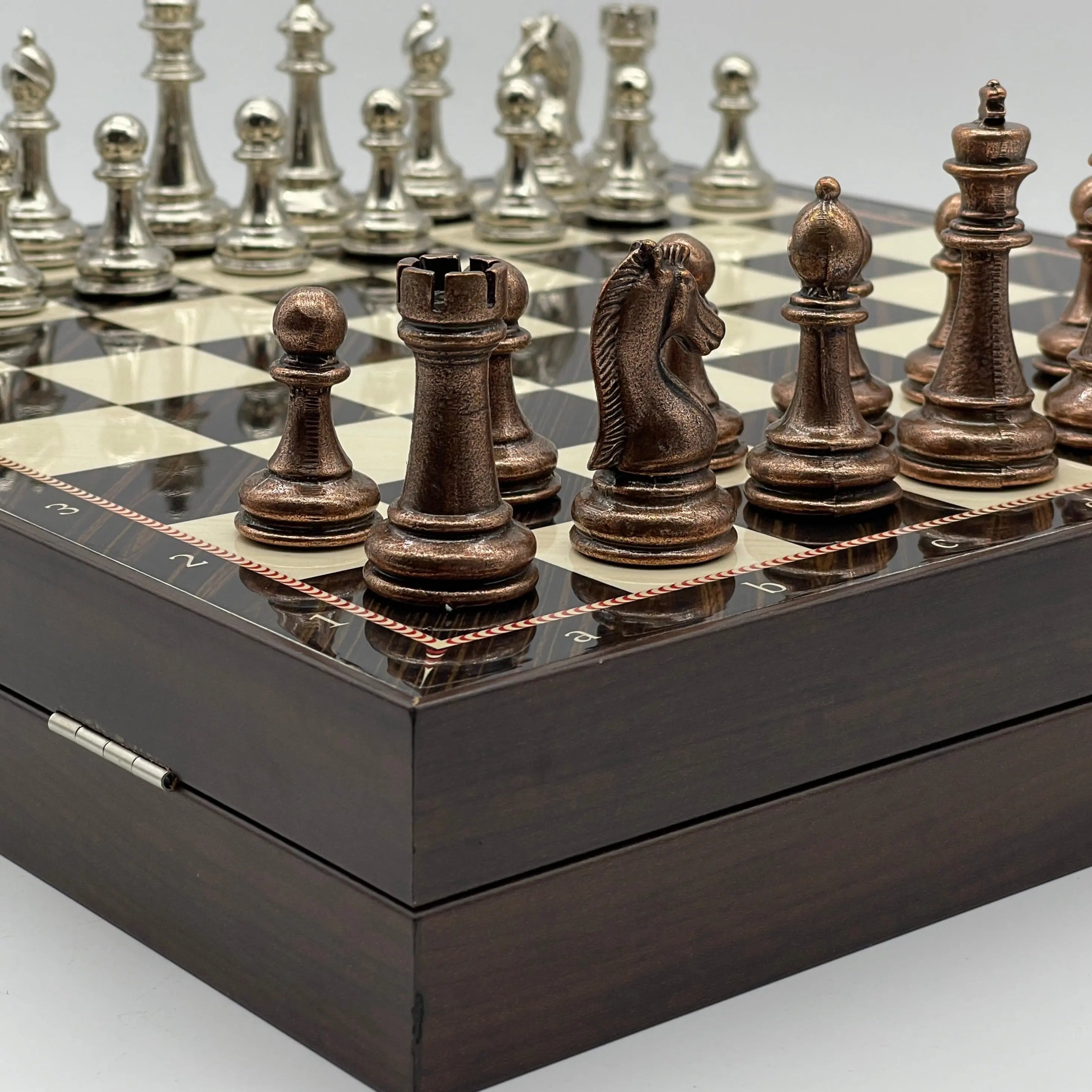VIP Walnut Patterned Wooden Folding Chess Set with Metal Chess Pieces