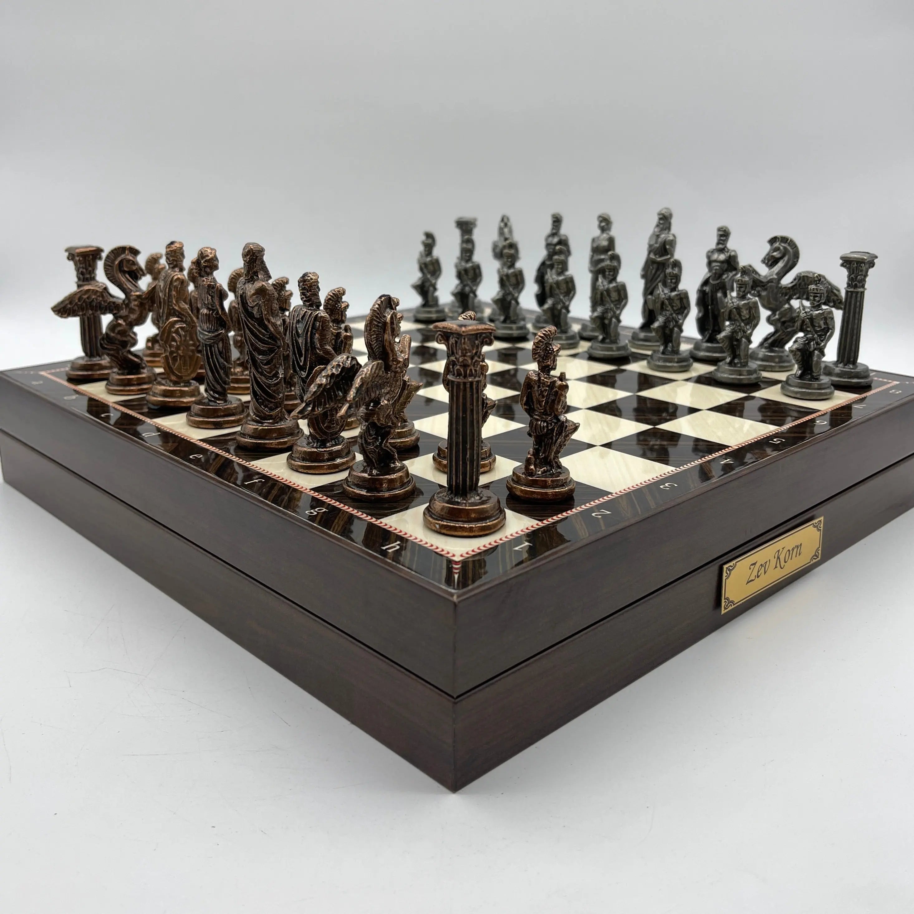 VIP Walnut Patterned Wooden Folding Chess Set With Pegasus Metal Chess Pieces