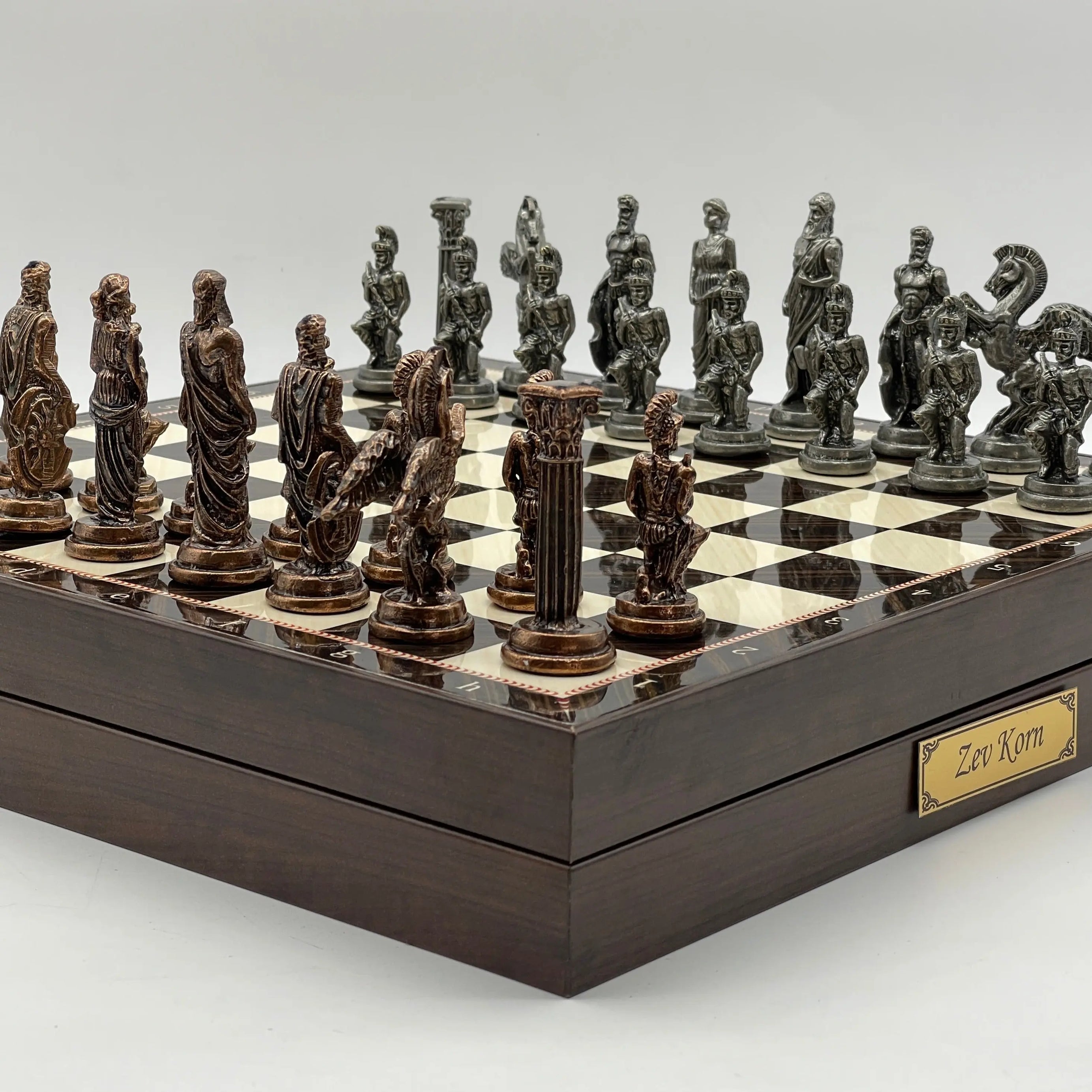 VIP Walnut Patterned Wooden Folding Chess Set With Pegasus Metal Chess Pieces