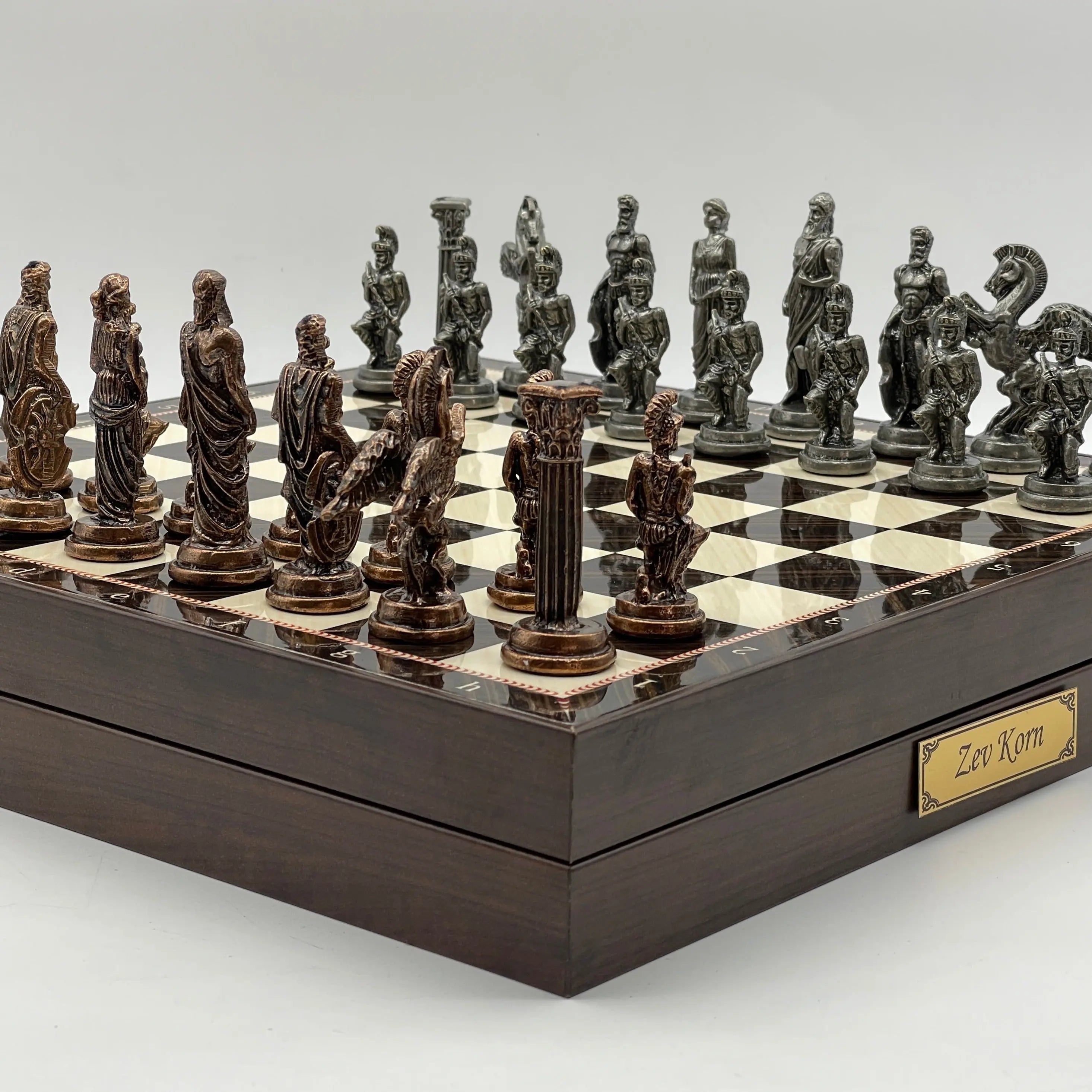 VIP Walnut Patterned Wooden Folding Chess Set With Pegasus Metal Chess Pieces