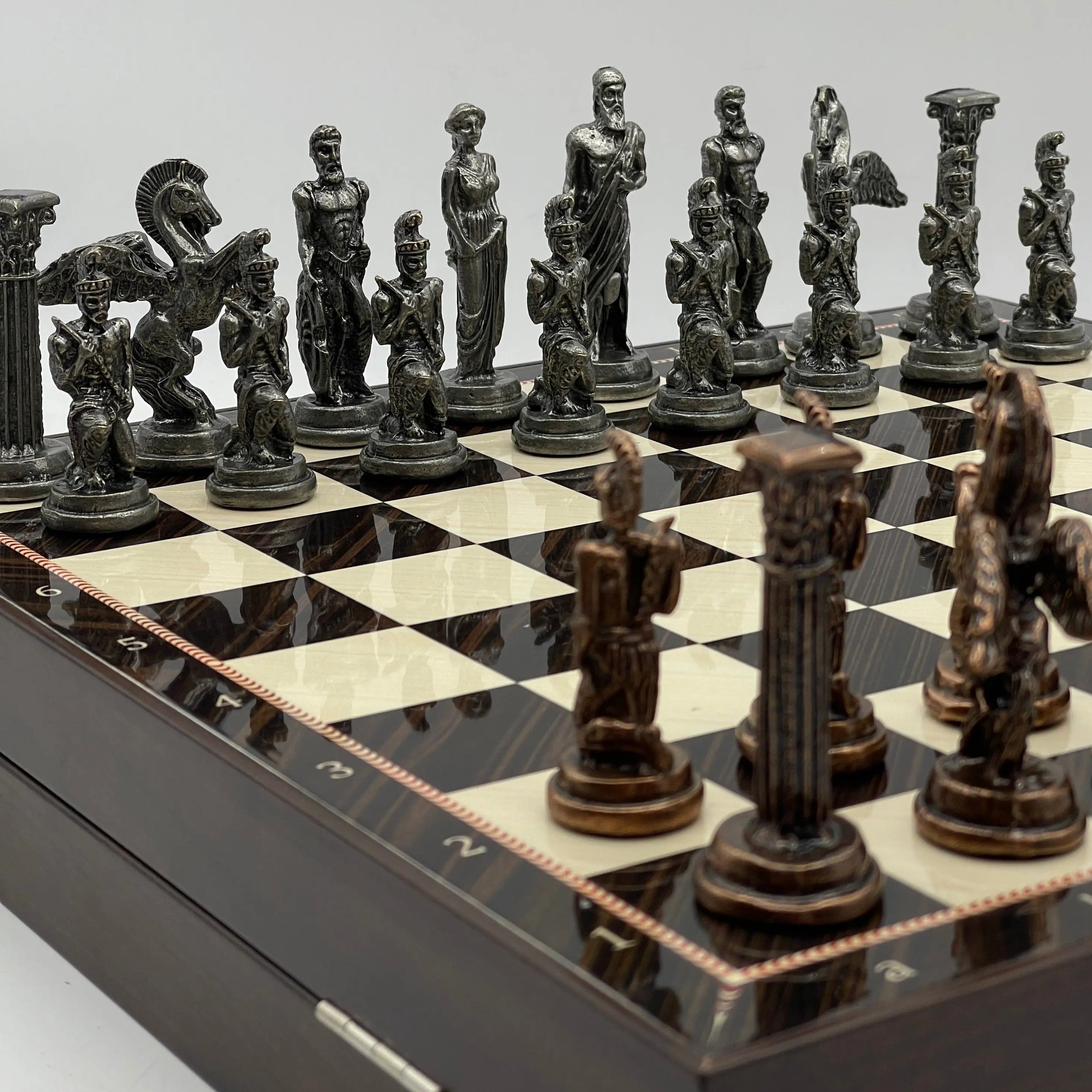 VIP Walnut Patterned Wooden Folding Chess Set With Pegasus Metal Chess Pieces