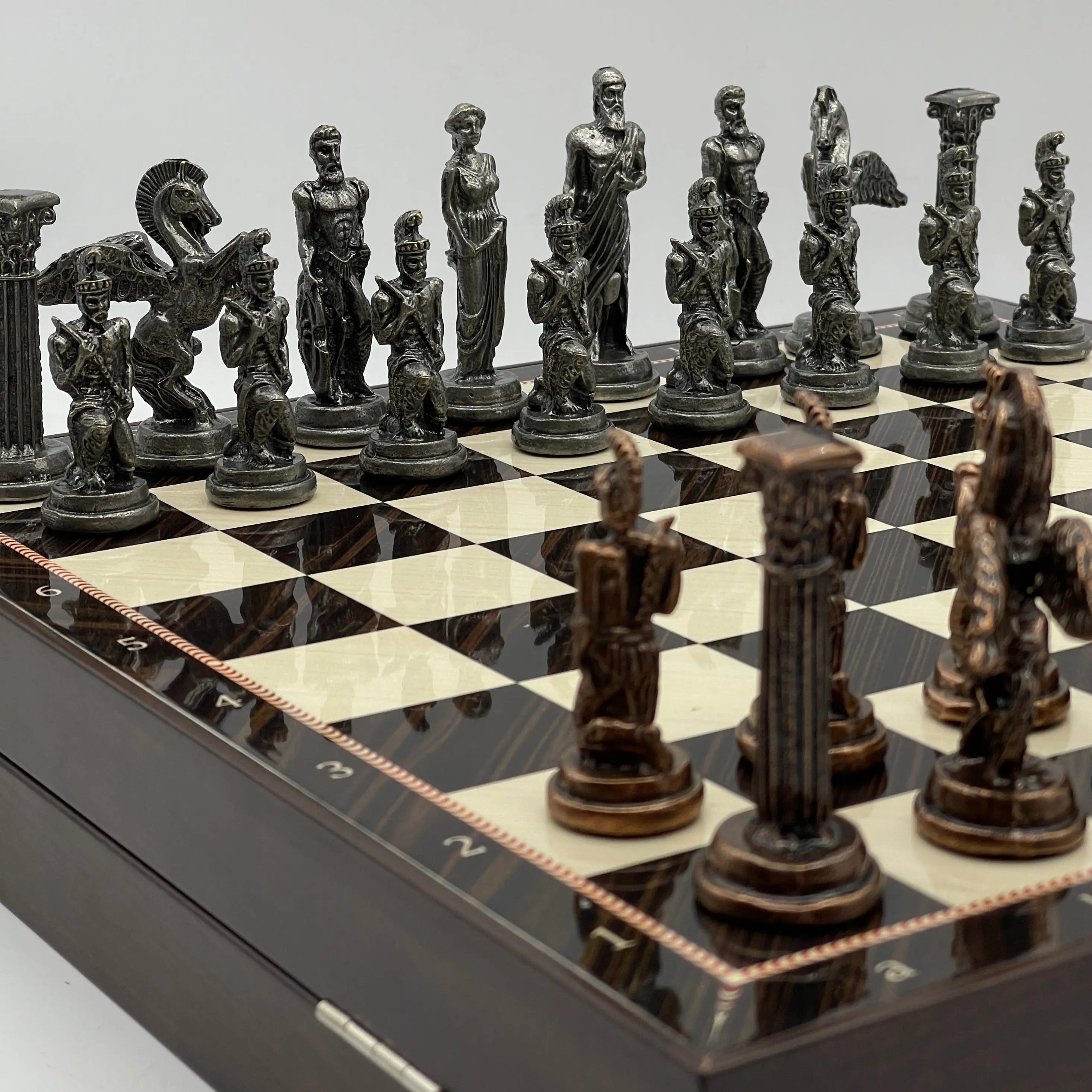 VIP Walnut Patterned Wooden Folding Chess Set With Pegasus Metal Chess Pieces