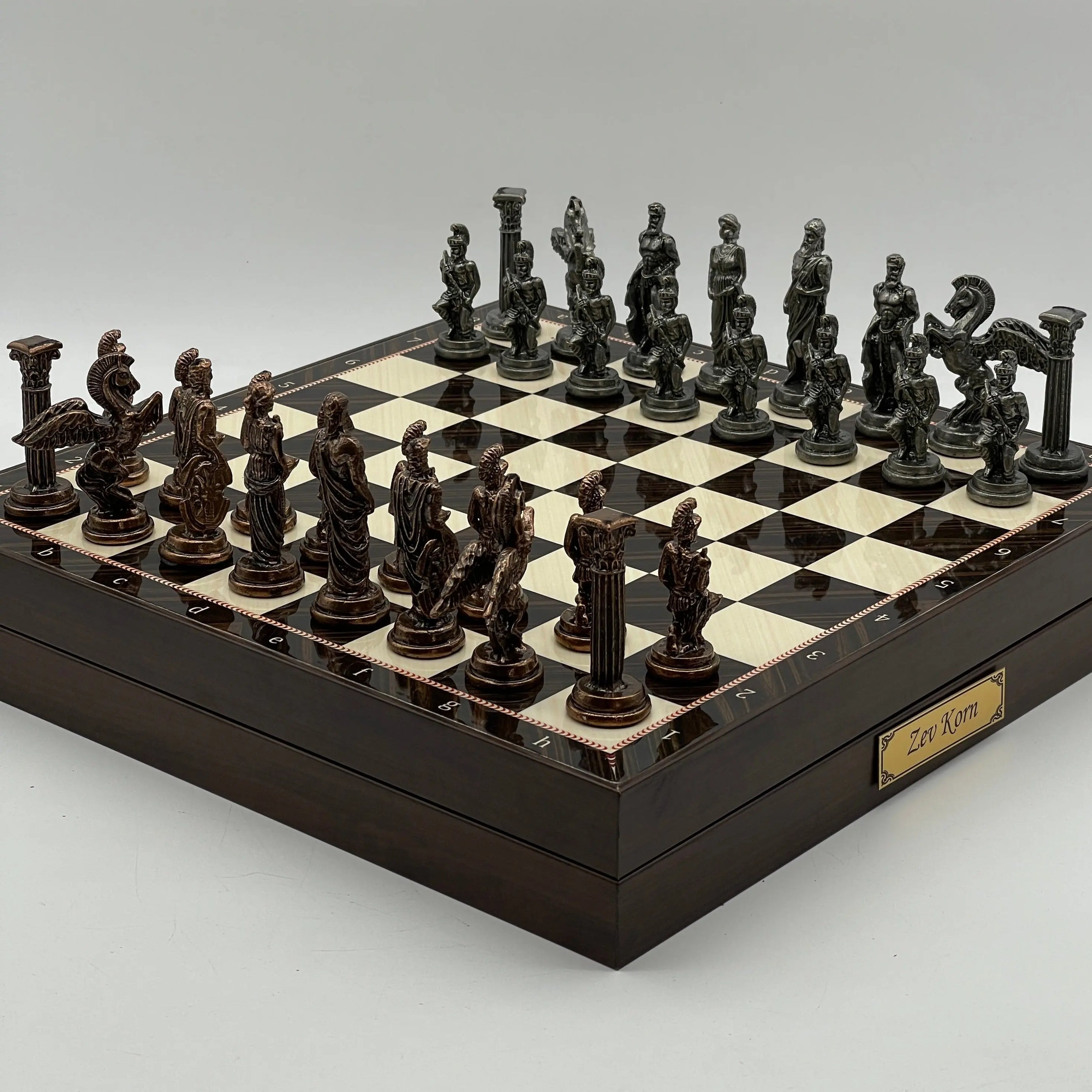 VIP Walnut Patterned Wooden Folding Chess Set With Pegasus Metal Chess Pieces