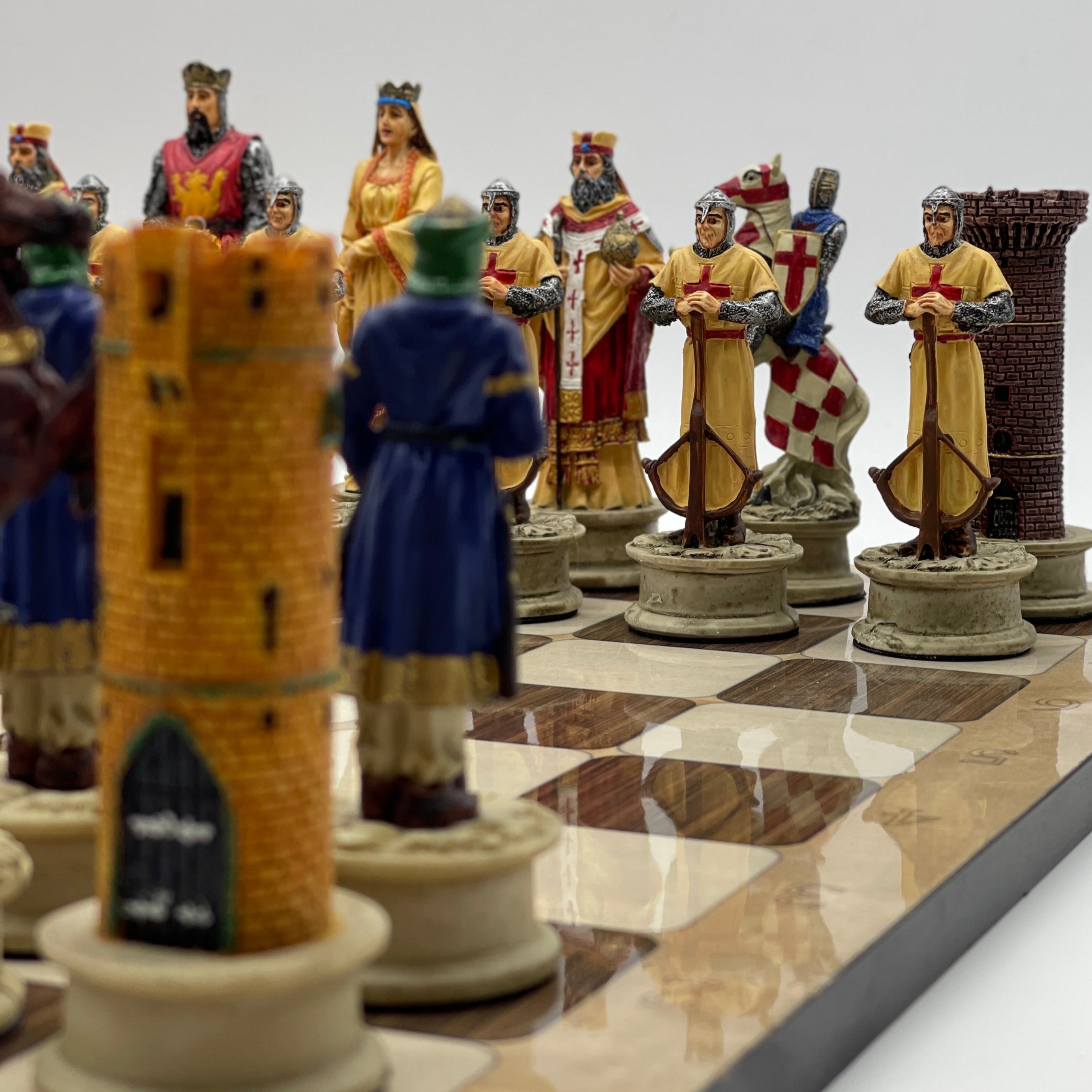 16.5" Brown Marble Pattern Chess Board With Polyester Chess Pieces