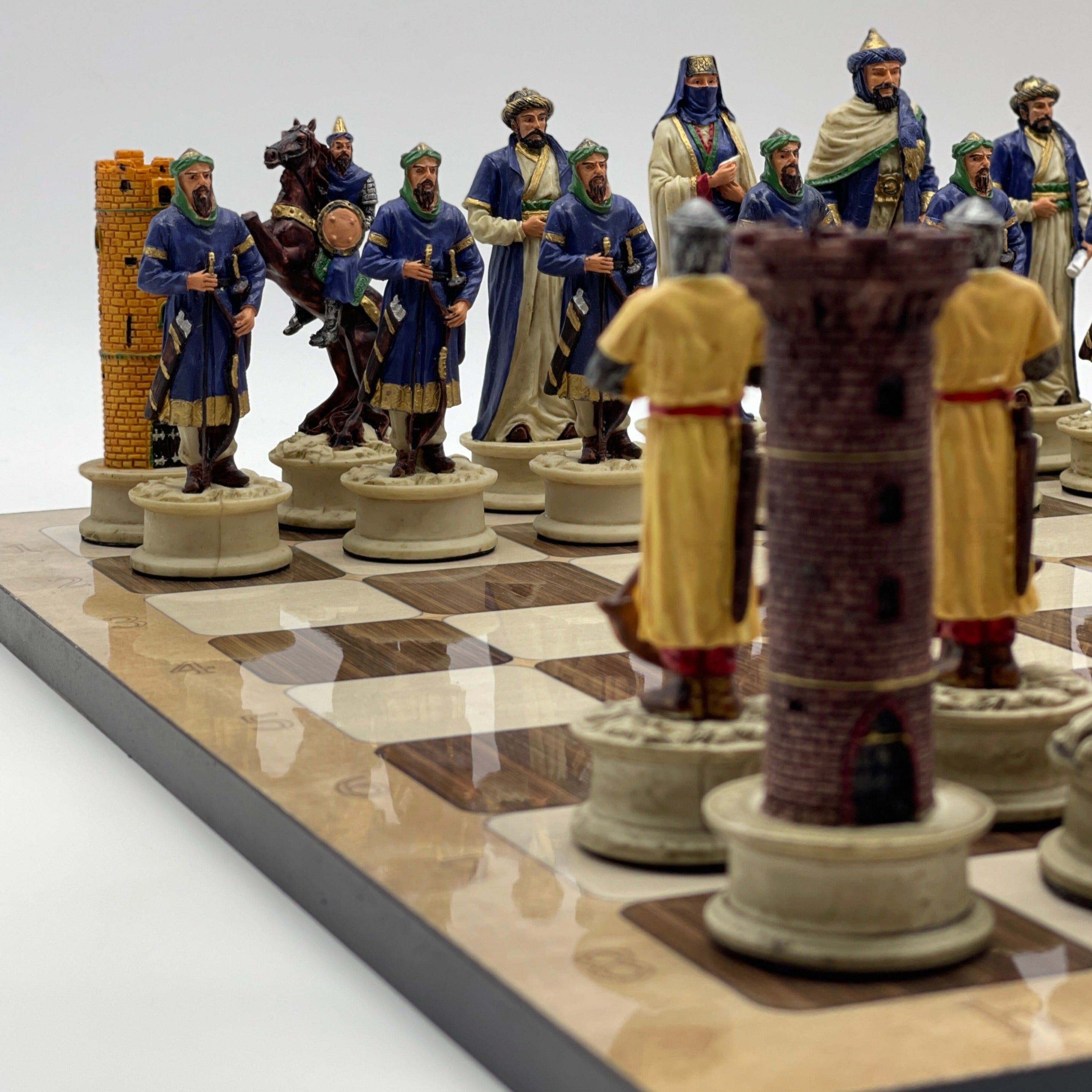 16.5" Brown Marble Pattern Chess Board With Polyester Chess Pieces