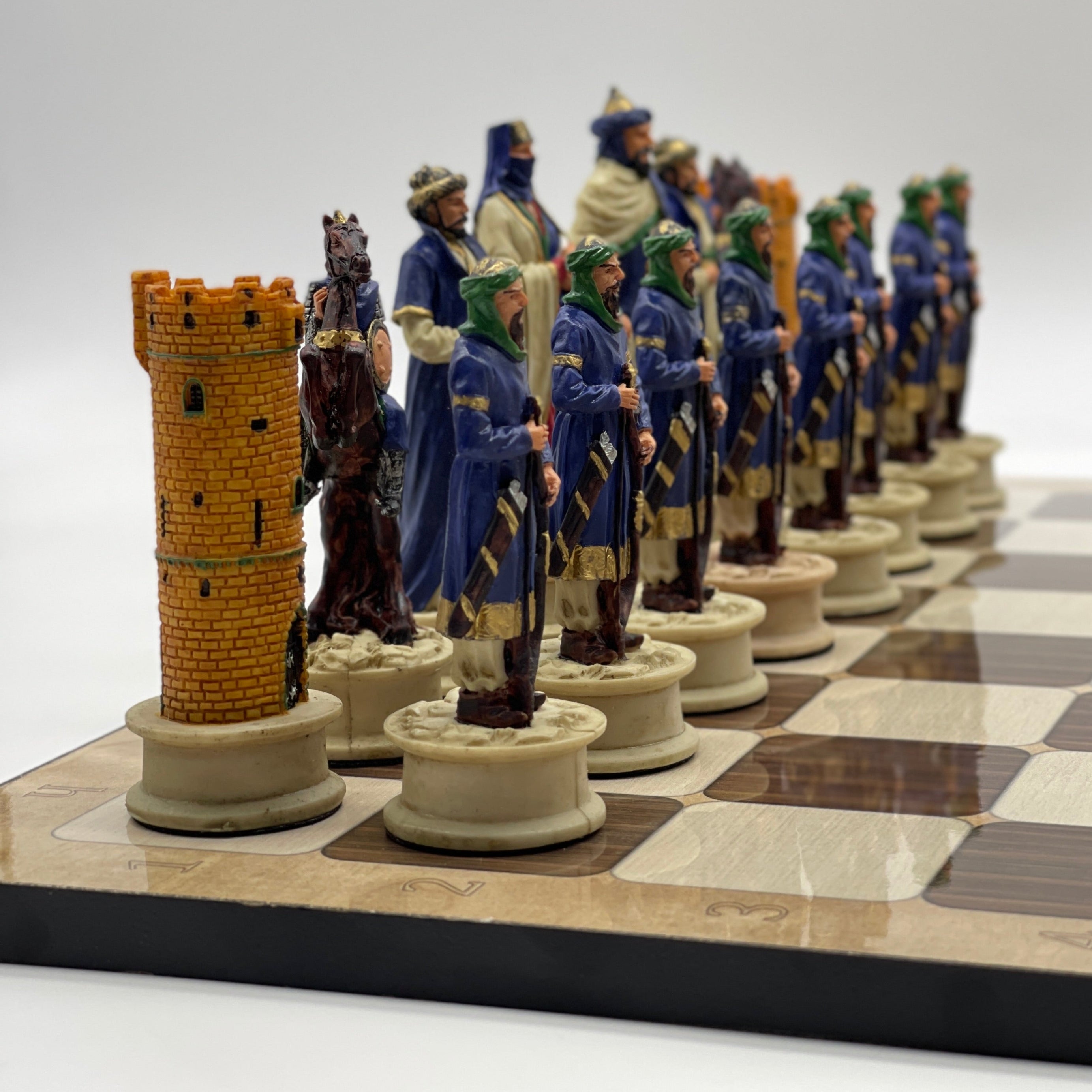 16.5" Brown Marble Pattern Chess Board With Polyester Chess Pieces
