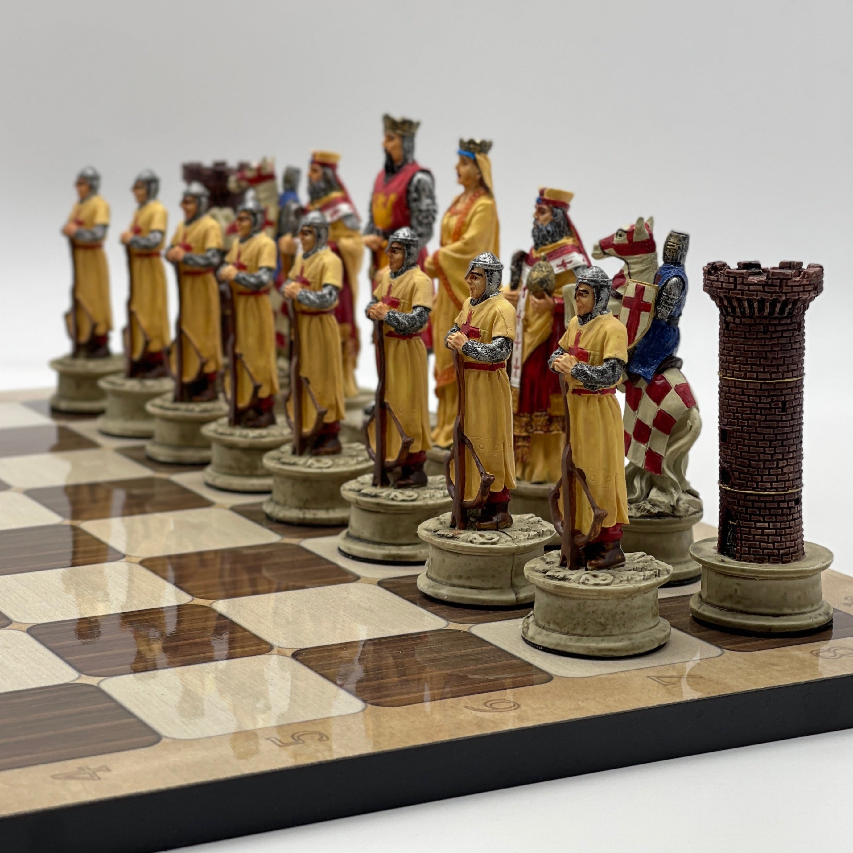 16.5" Brown Marble Pattern Chess Board With Polyester Chess Pieces