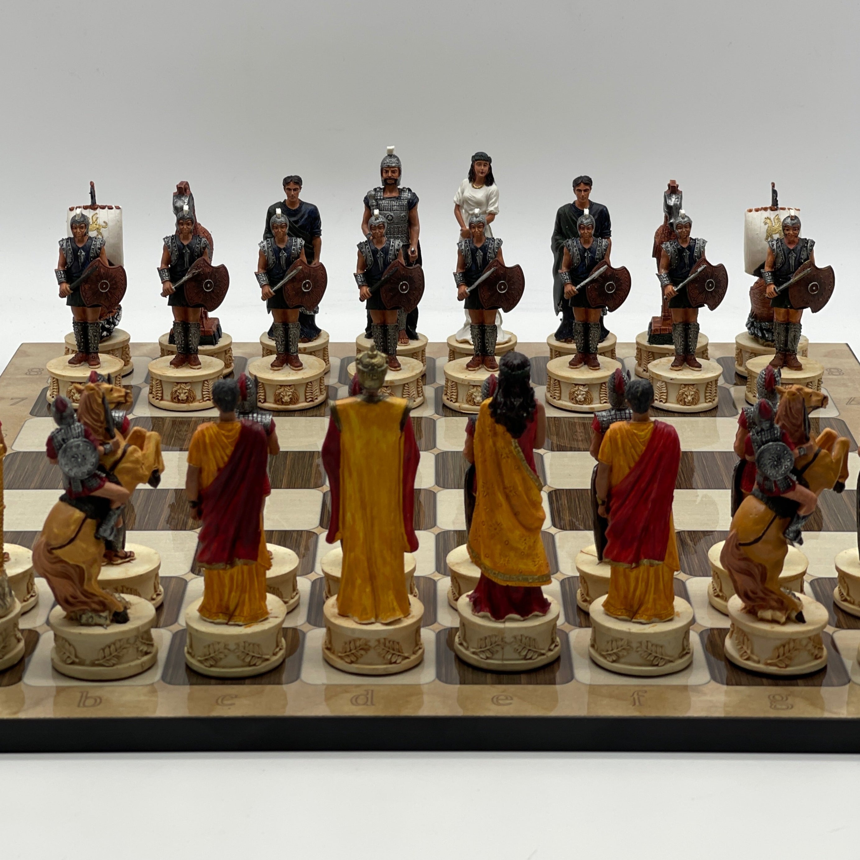16.5" Brown Marble Pattern Chess Board With Trojan Polyester Chess Pieces