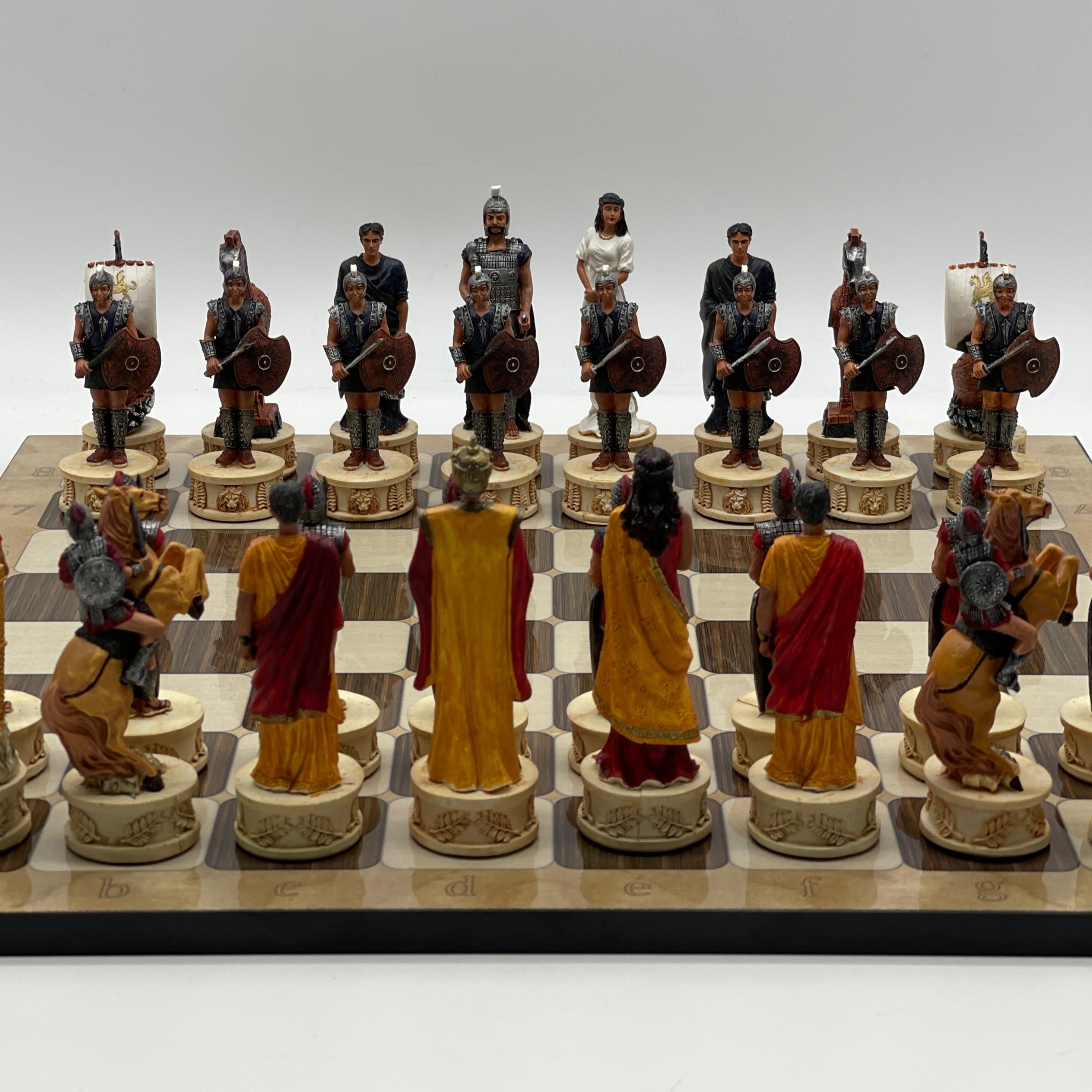 16.5" Brown Marble Pattern Chess Board With Trojan Polyester Chess Pieces