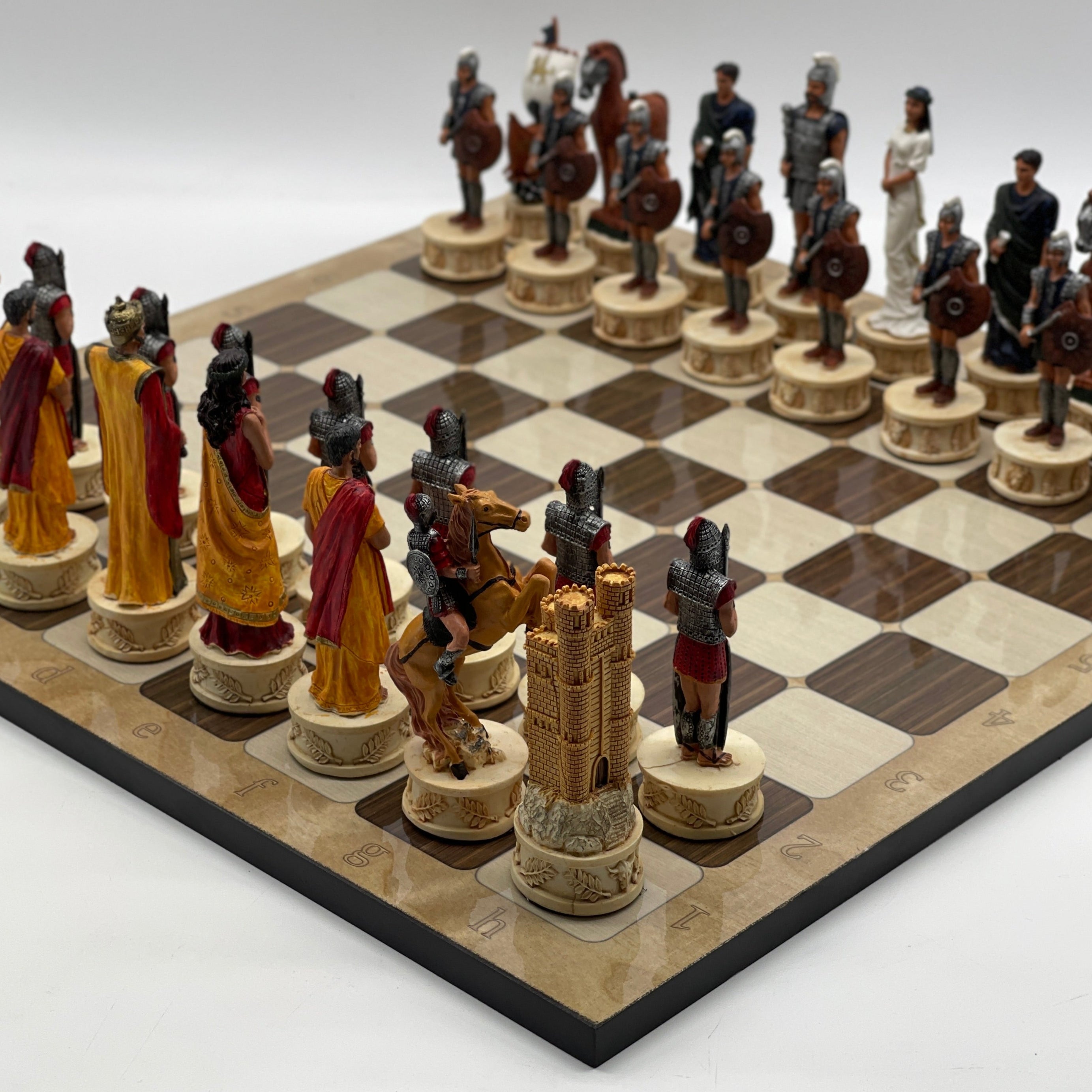 16.5" Brown Marble Pattern Chess Board With Trojan Polyester Chess Pieces