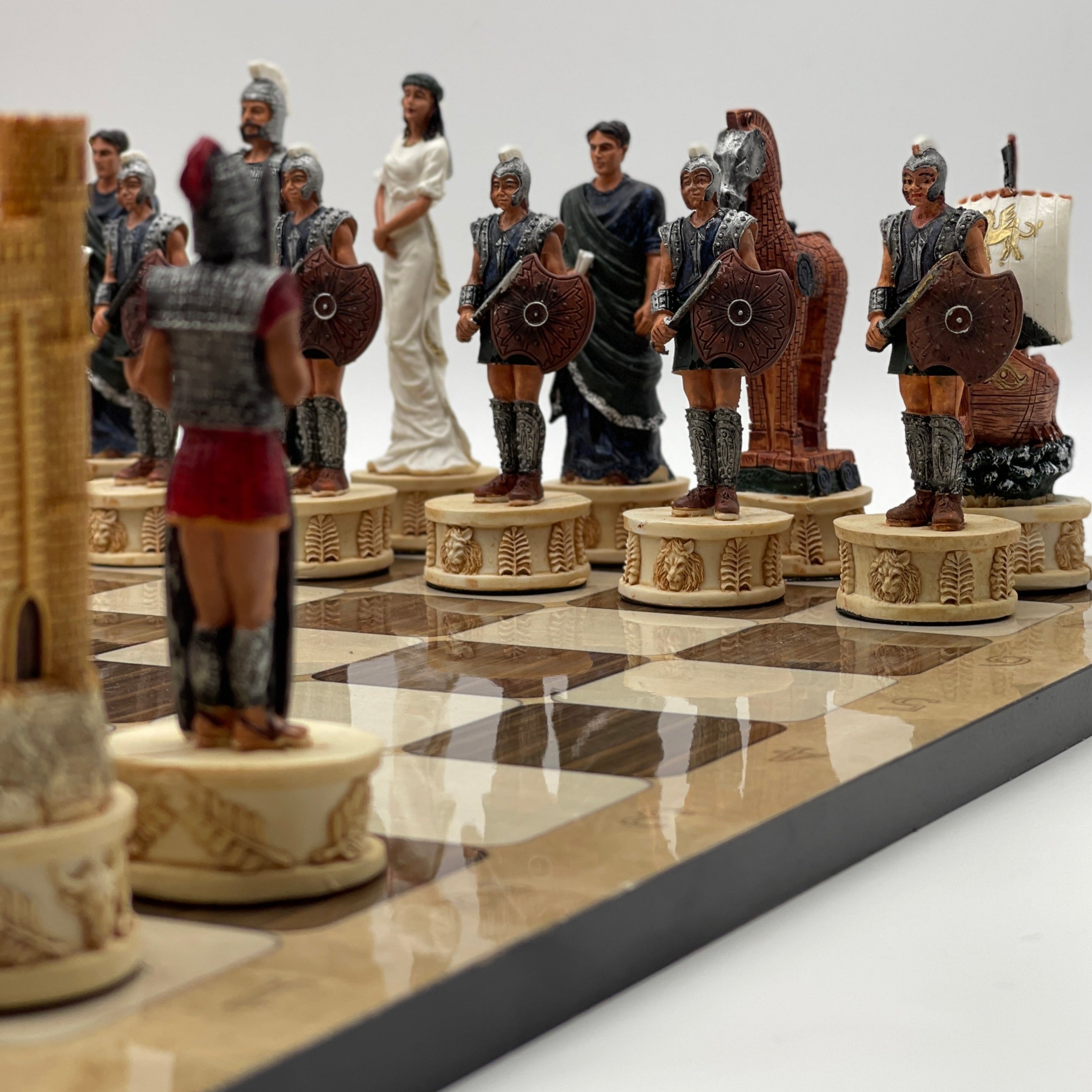 16.5" Brown Marble Pattern Chess Board With Trojan Polyester Chess Pieces