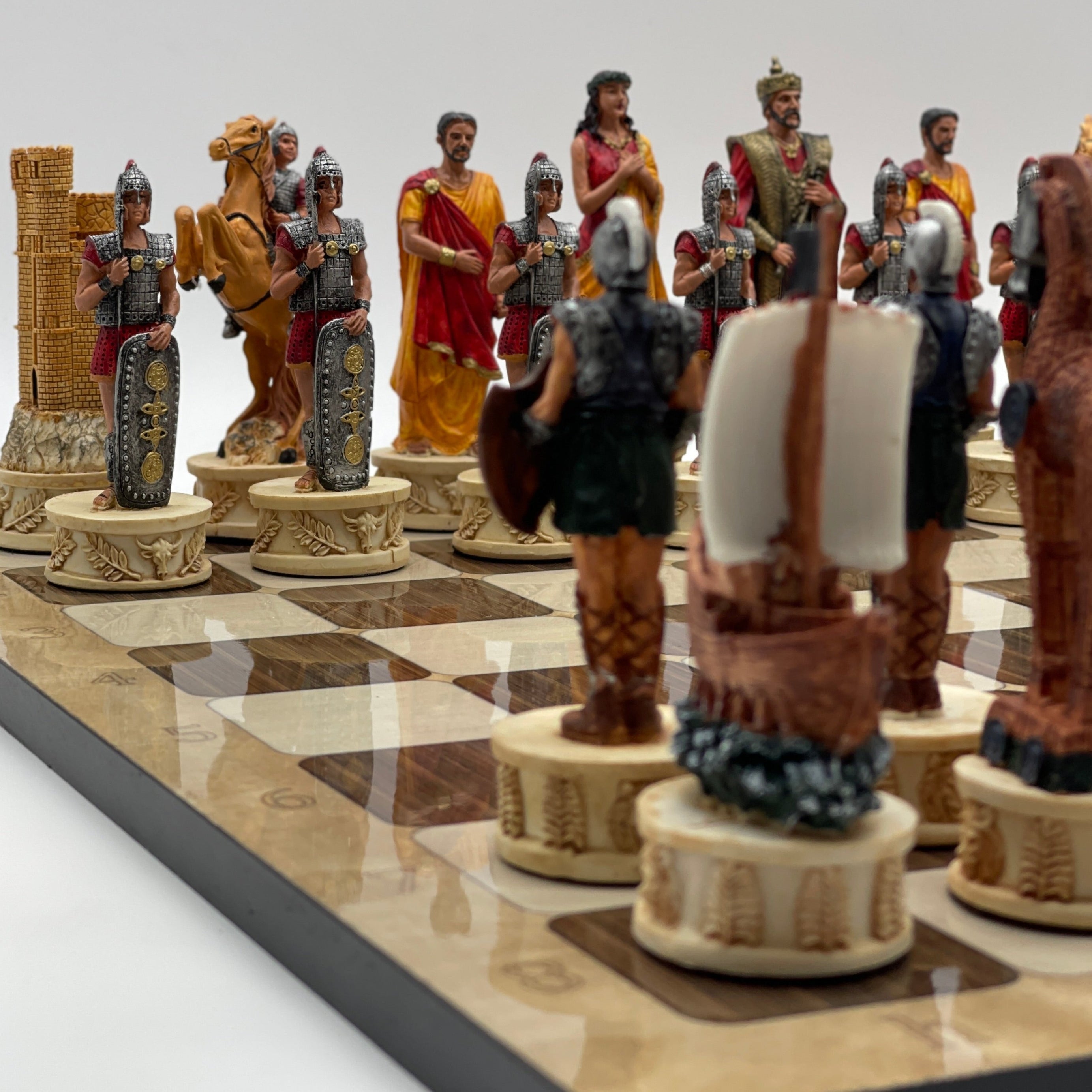 16.5" Brown Marble Pattern Chess Board With Trojan Polyester Chess Pieces