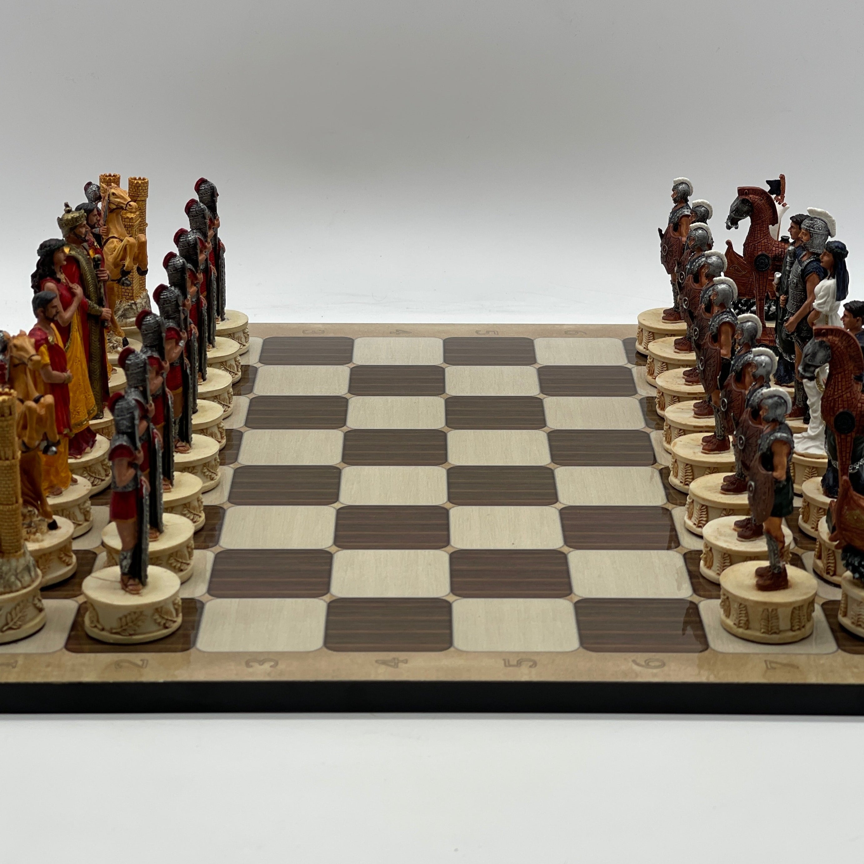 16.5" Brown Marble Pattern Chess Board With Trojan Polyester Chess Pieces