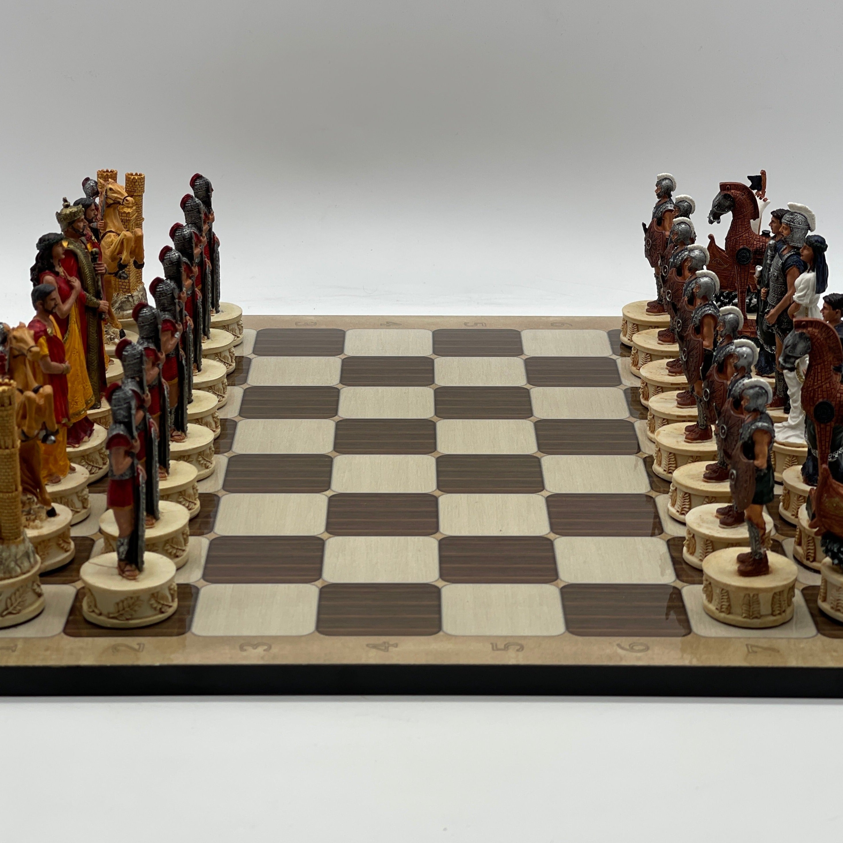 16.5" Brown Marble Pattern Chess Board With Trojan Polyester Chess Pieces