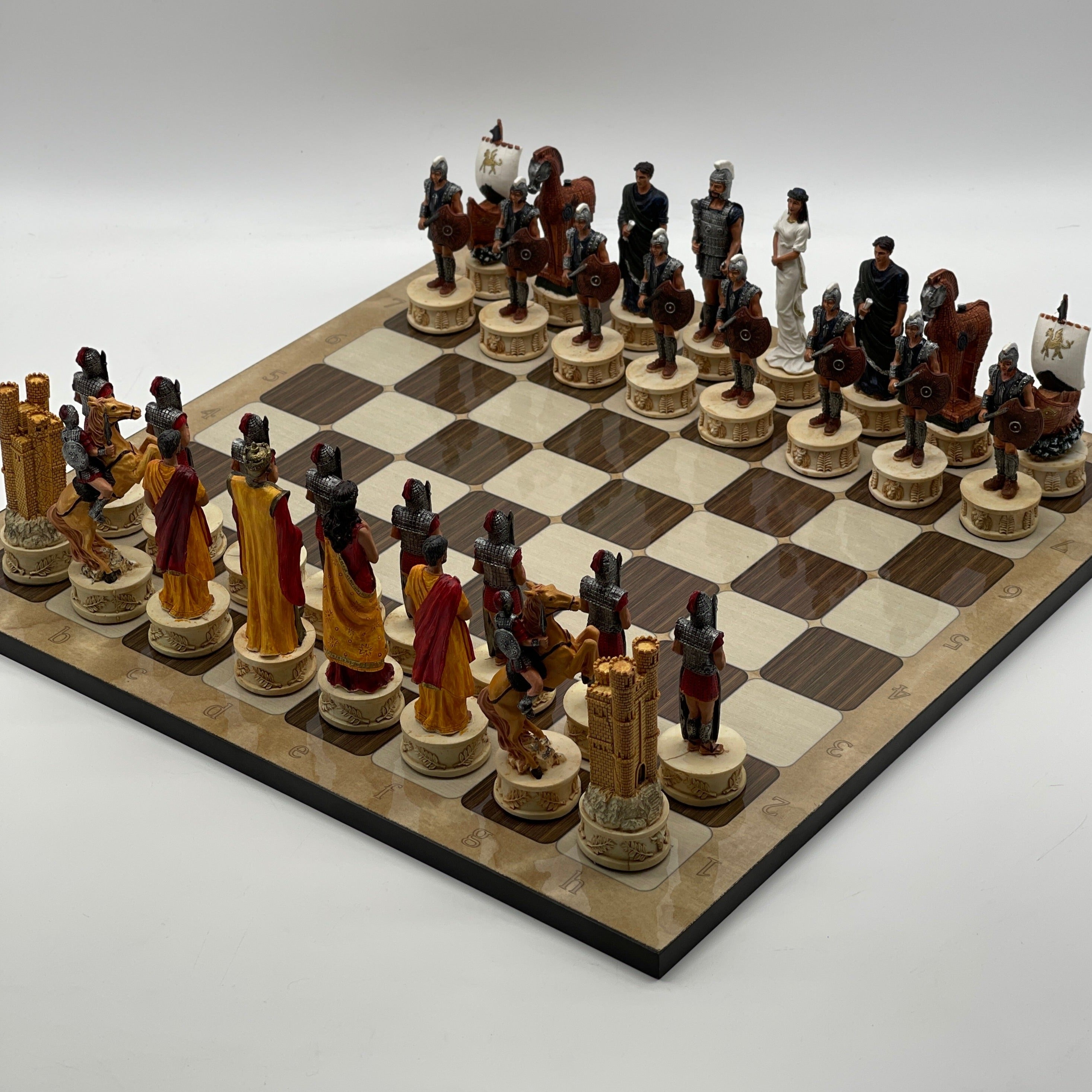 16.5" Brown Marble Pattern Chess Board With Trojan Polyester Chess Pieces
