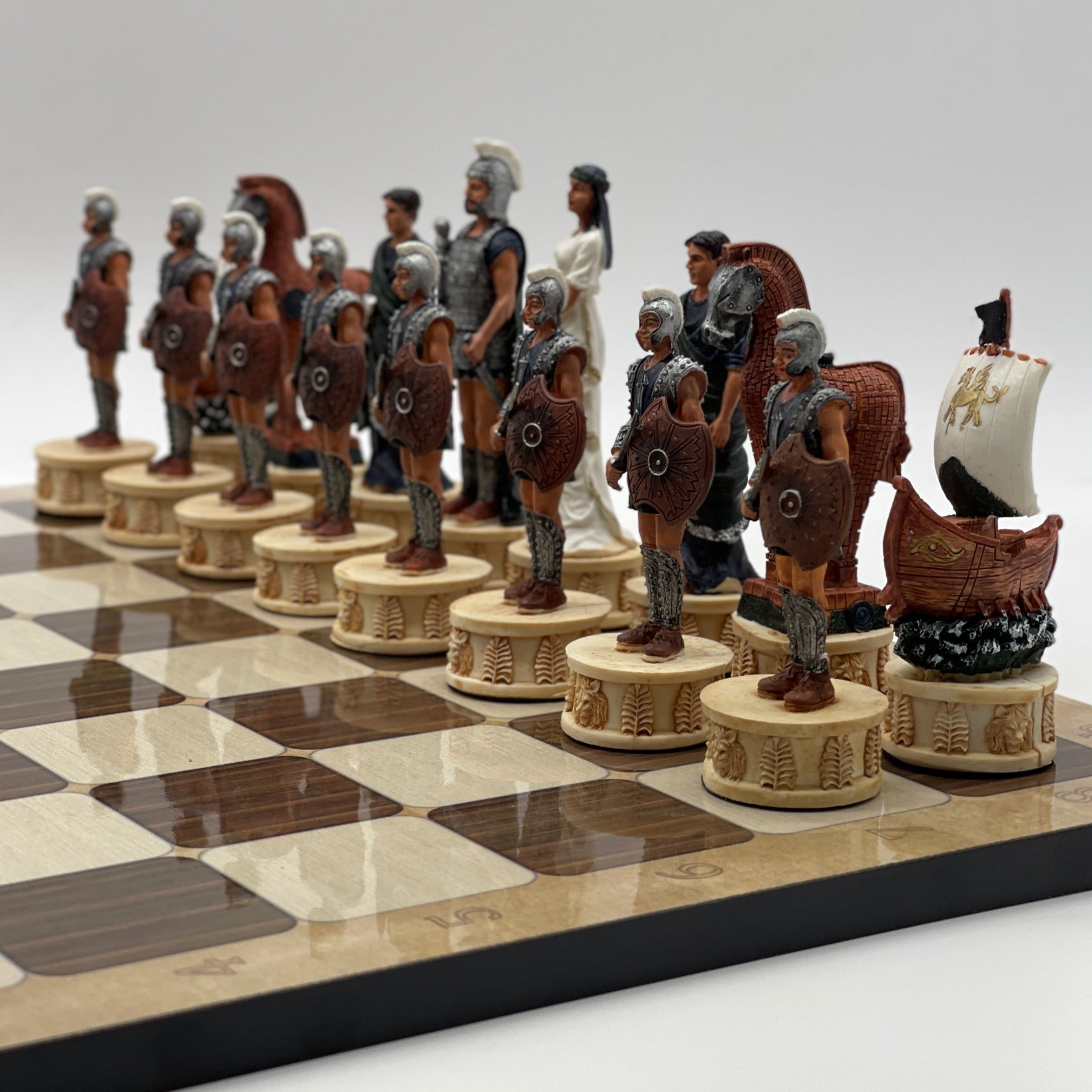 16.5" Brown Marble Pattern Chess Board With Trojan Polyester Chess Pieces