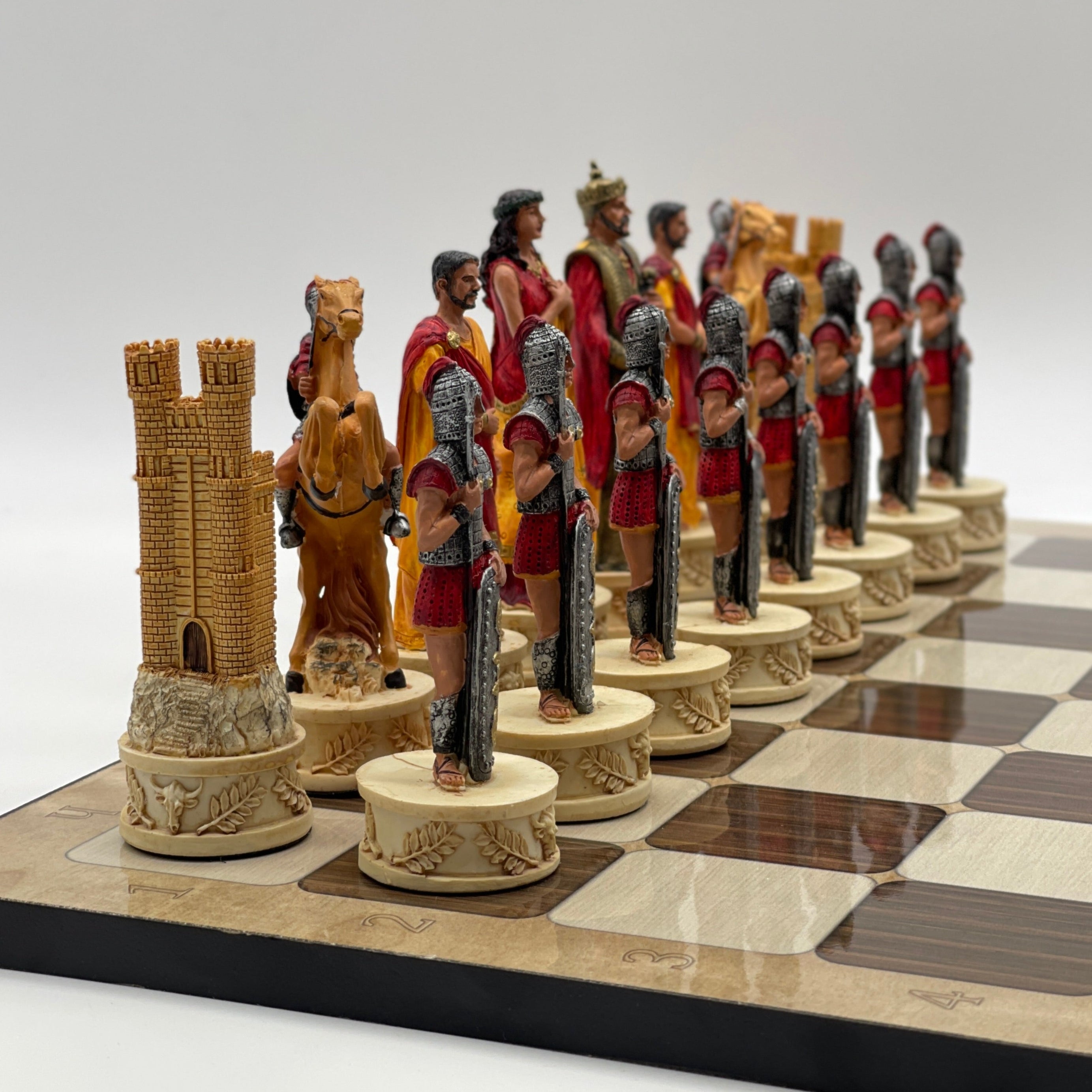 16.5" Brown Marble Pattern Chess Board With Trojan Polyester Chess Pieces