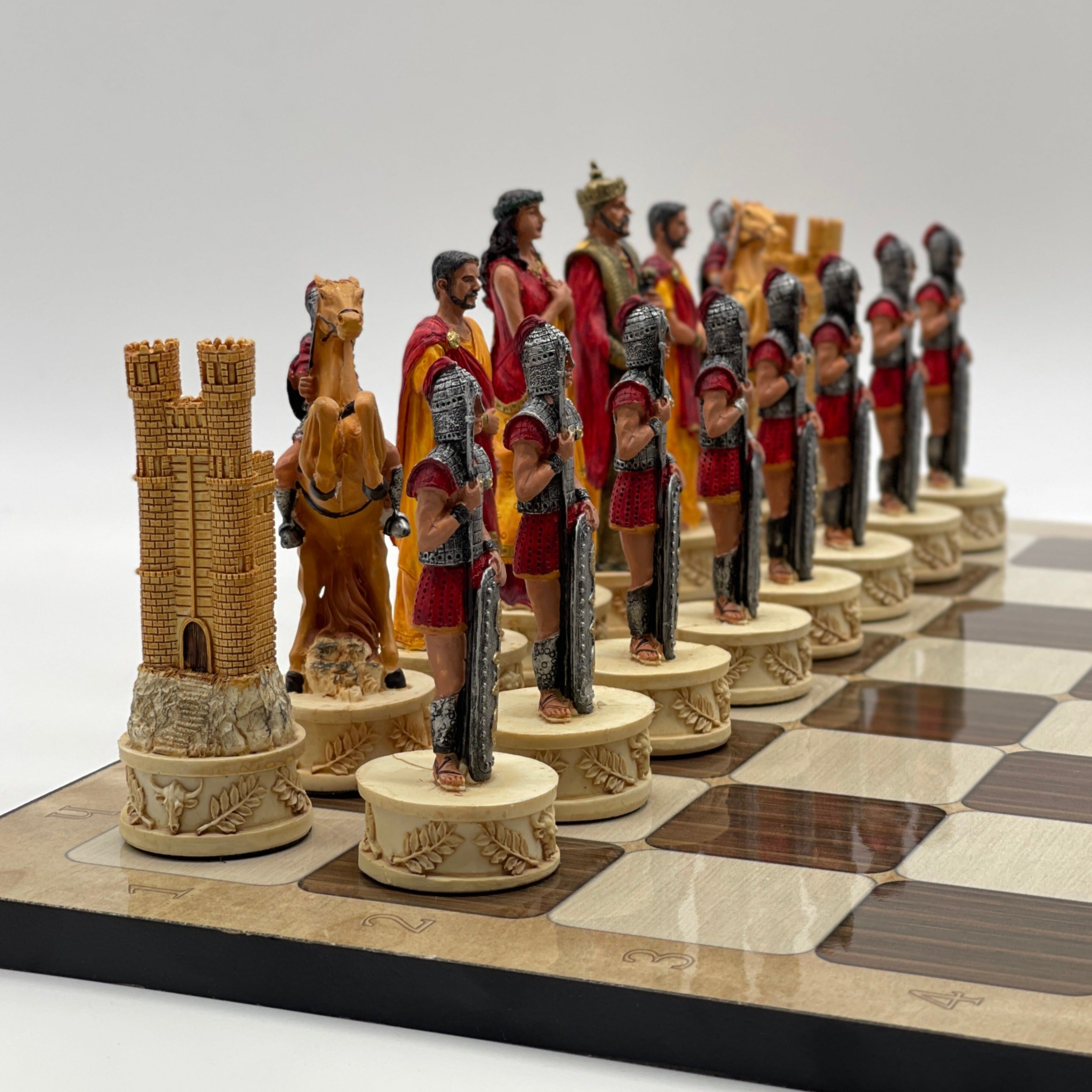 16.5" Brown Marble Pattern Chess Board With Trojan Polyester Chess Pieces