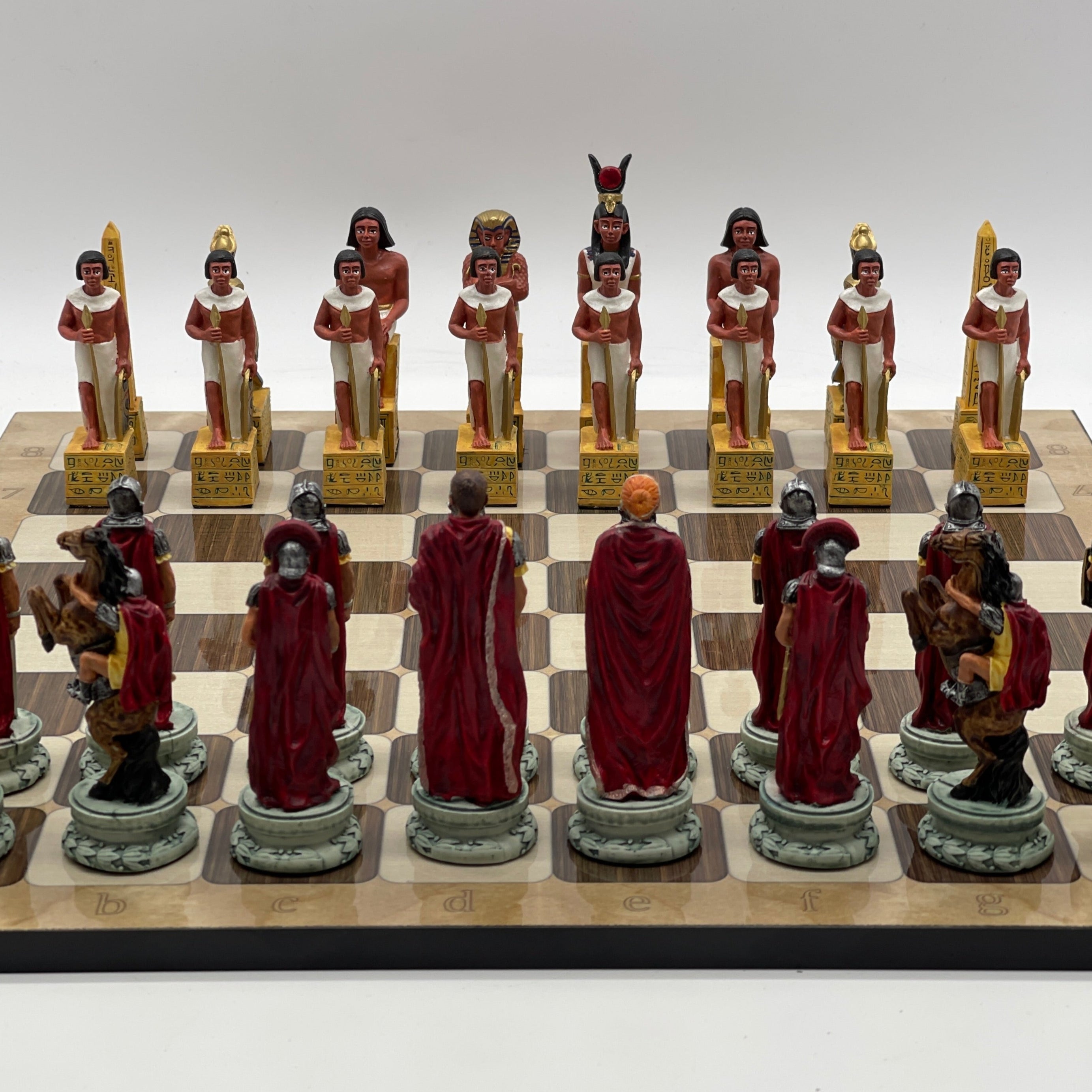 16.5" Brown Marble Pattern Chess Board With Egyptian Polyester Chess Pieces