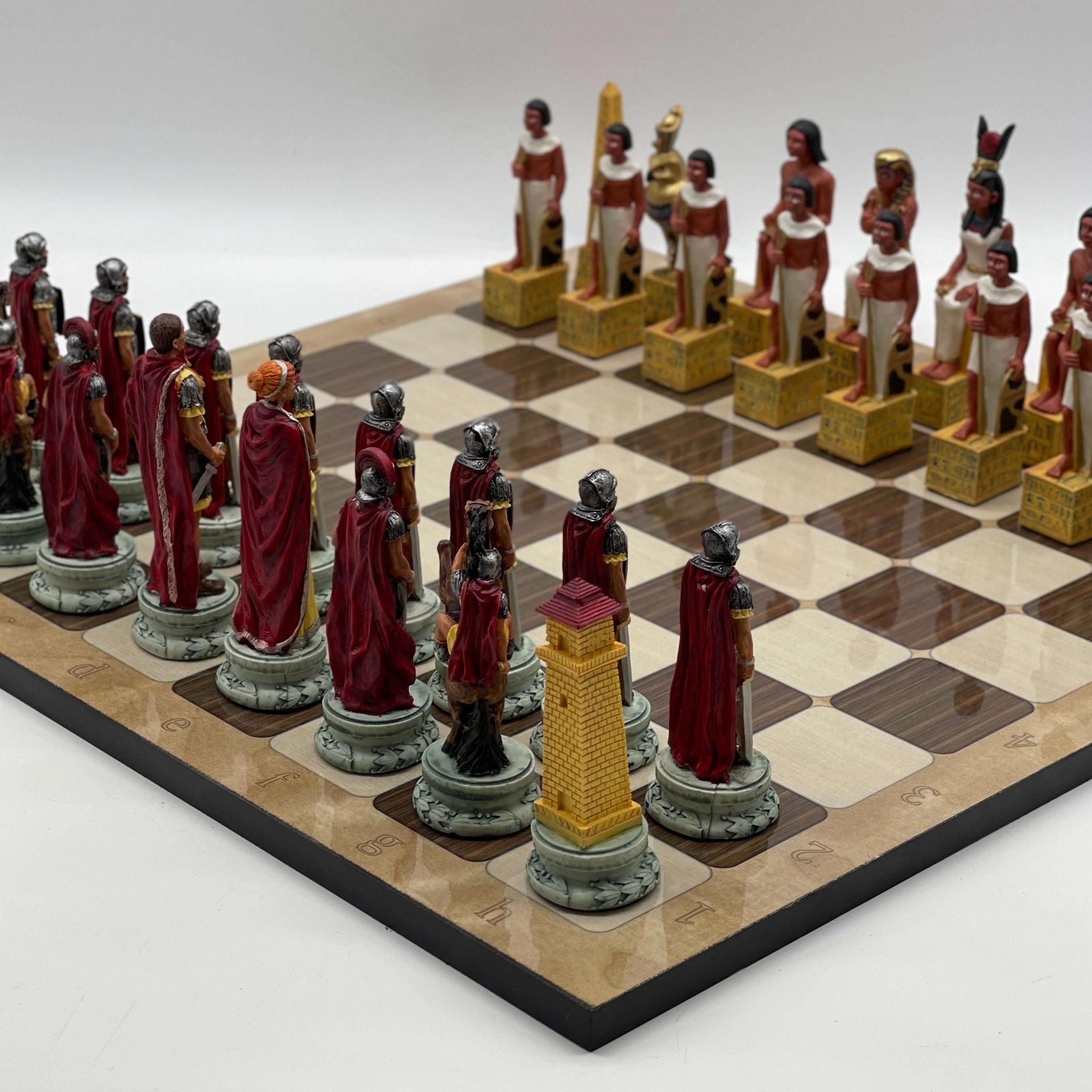 16.5" Brown Marble Pattern Chess Board With Egyptian Polyester Chess Pieces