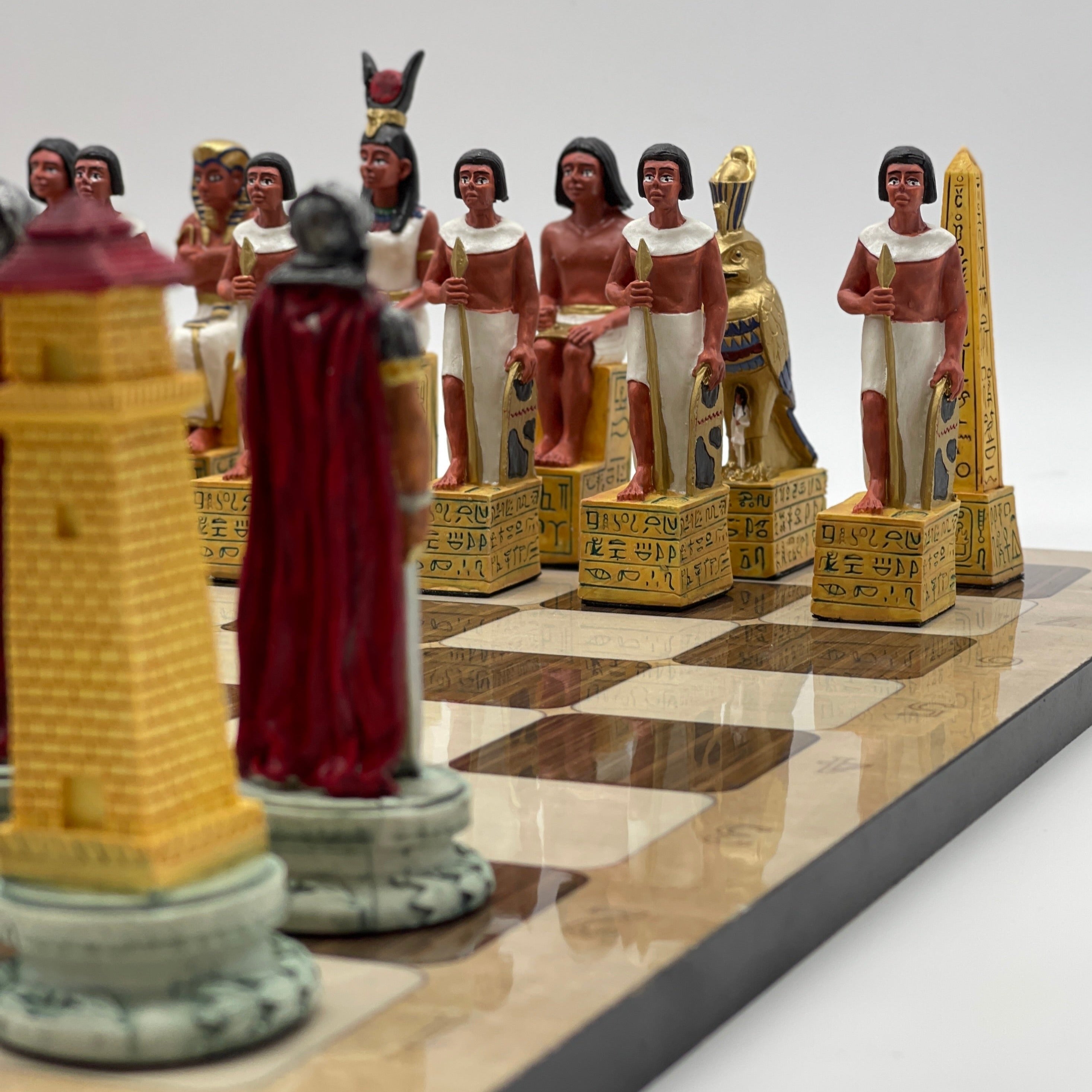 16.5" Brown Marble Pattern Chess Board With Egyptian Polyester Chess Pieces