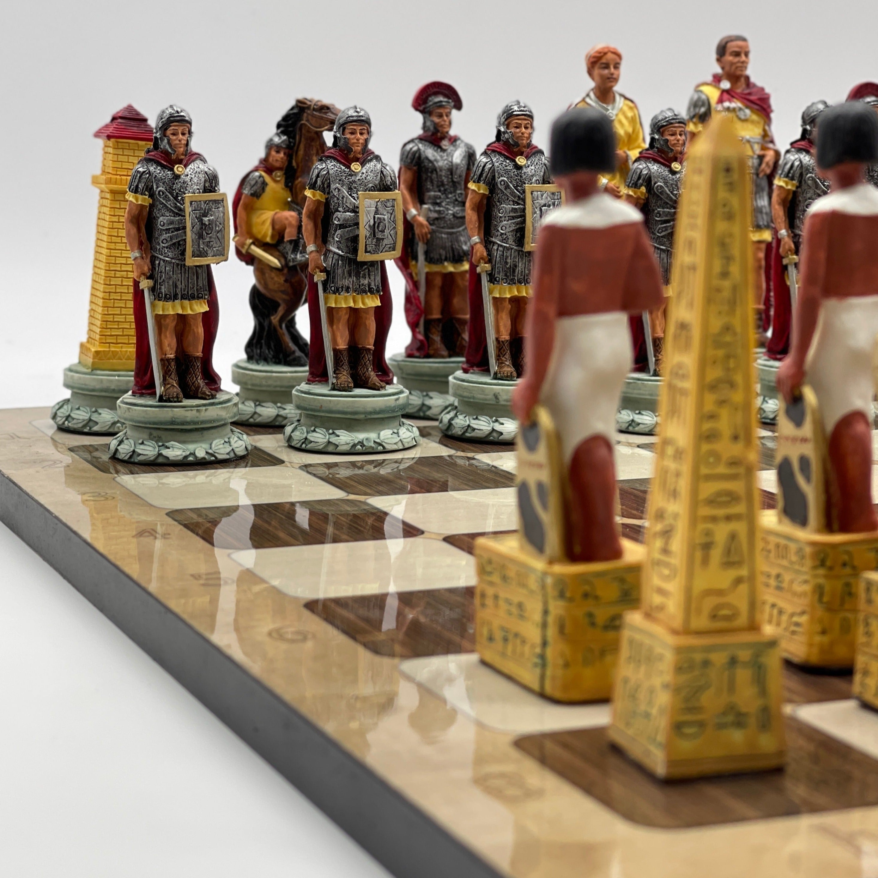 16.5" Brown Marble Pattern Chess Board With Egyptian Polyester Chess Pieces