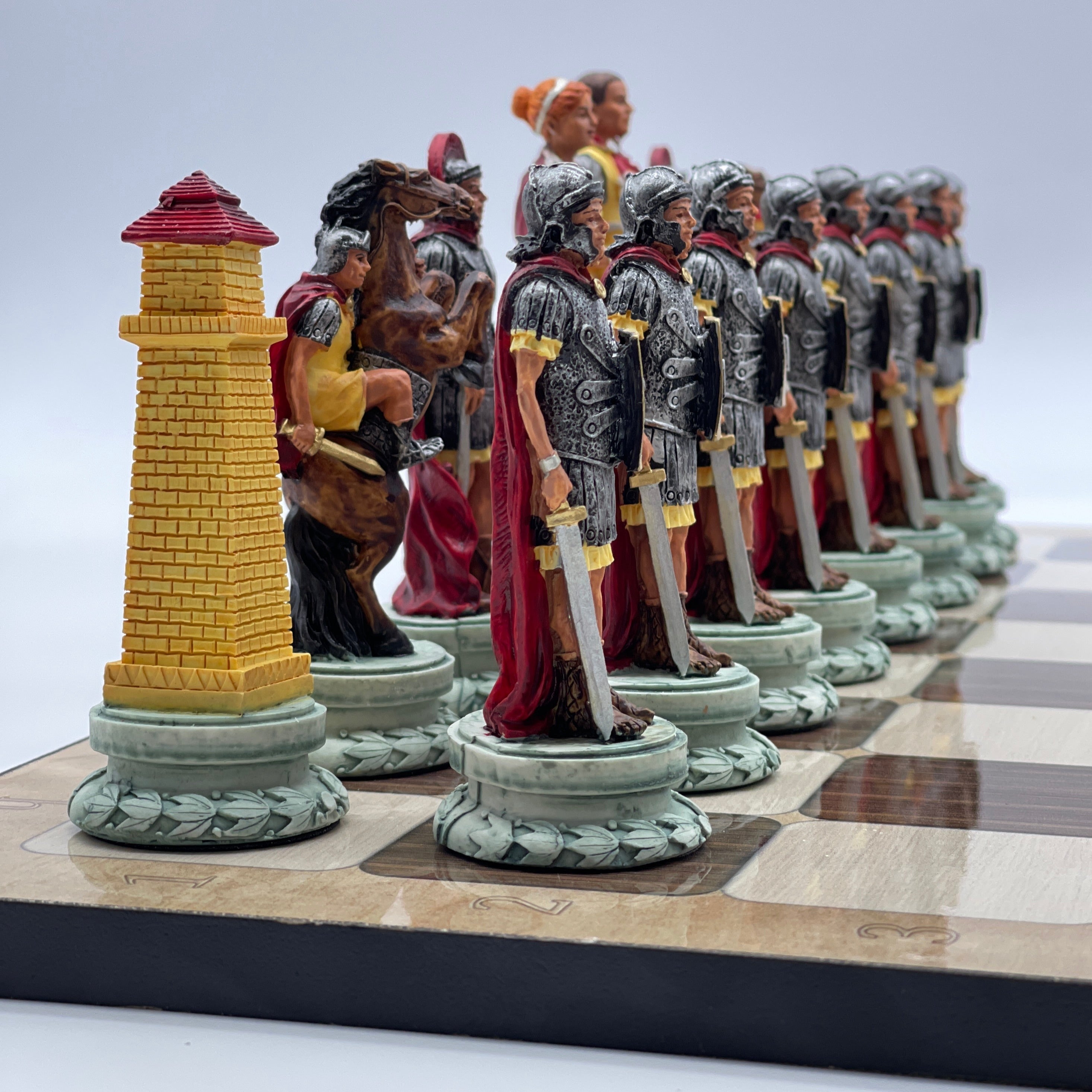 16.5" Brown Marble Pattern Chess Board With Egyptian Polyester Chess Pieces