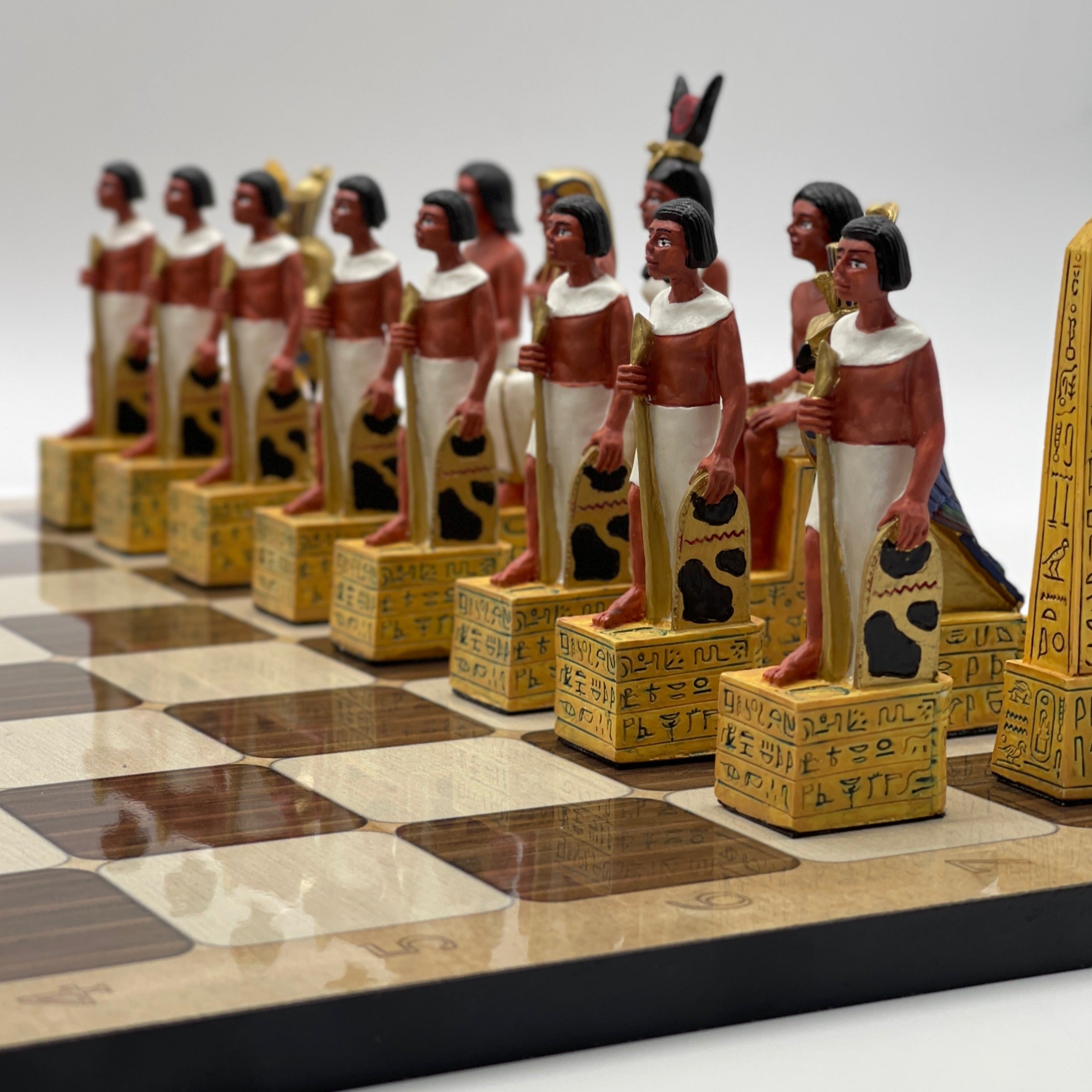 16.5" Brown Marble Pattern Chess Board With Egyptian Polyester Chess Pieces