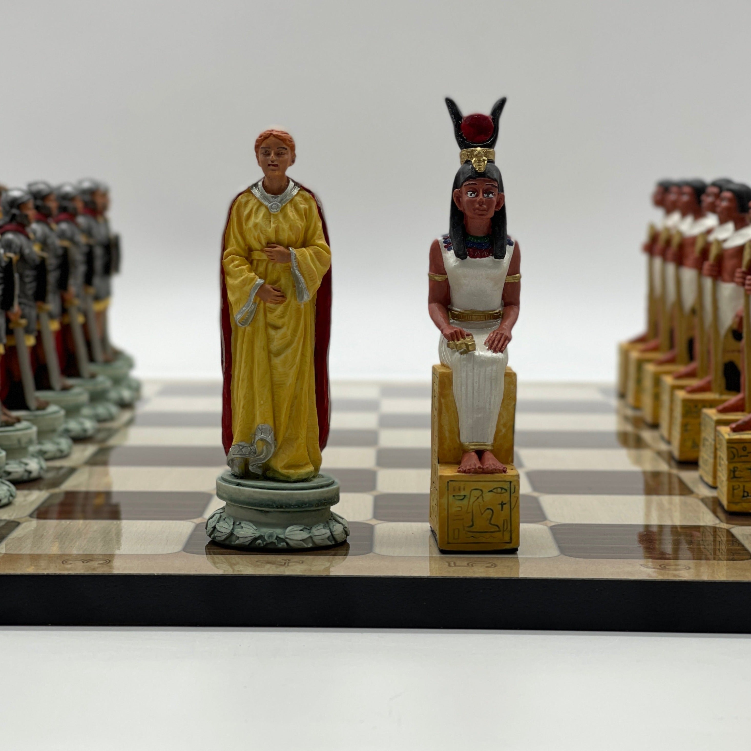 16.5" Brown Marble Pattern Chess Board With Egyptian Polyester Chess Pieces