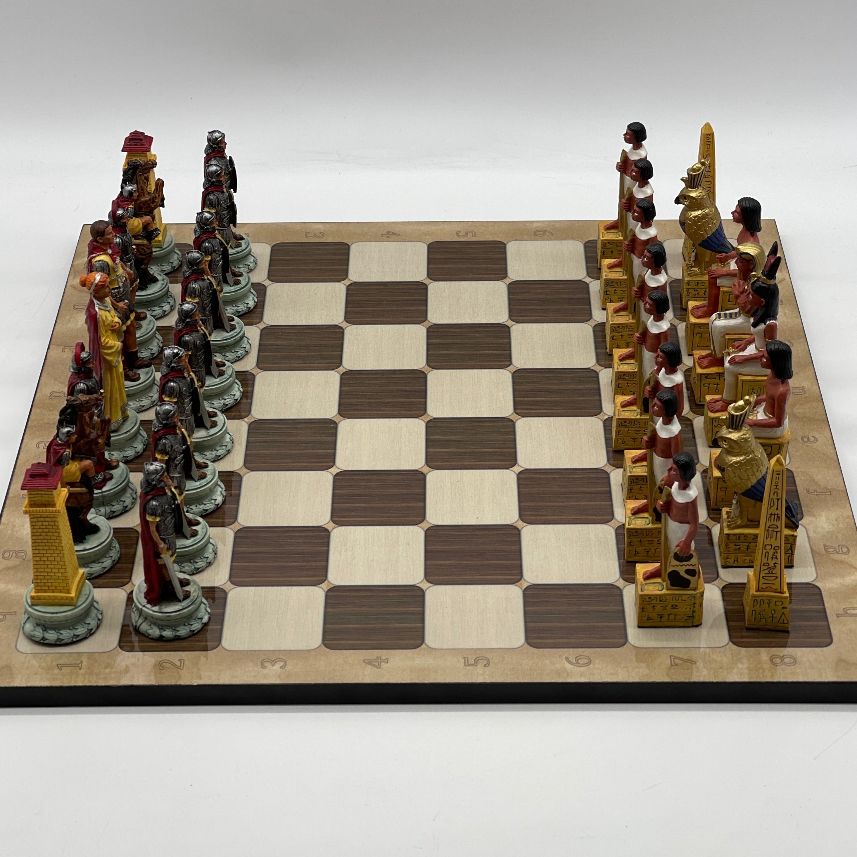 16.5" Brown Marble Pattern Chess Board With Egyptian Polyester Chess Pieces