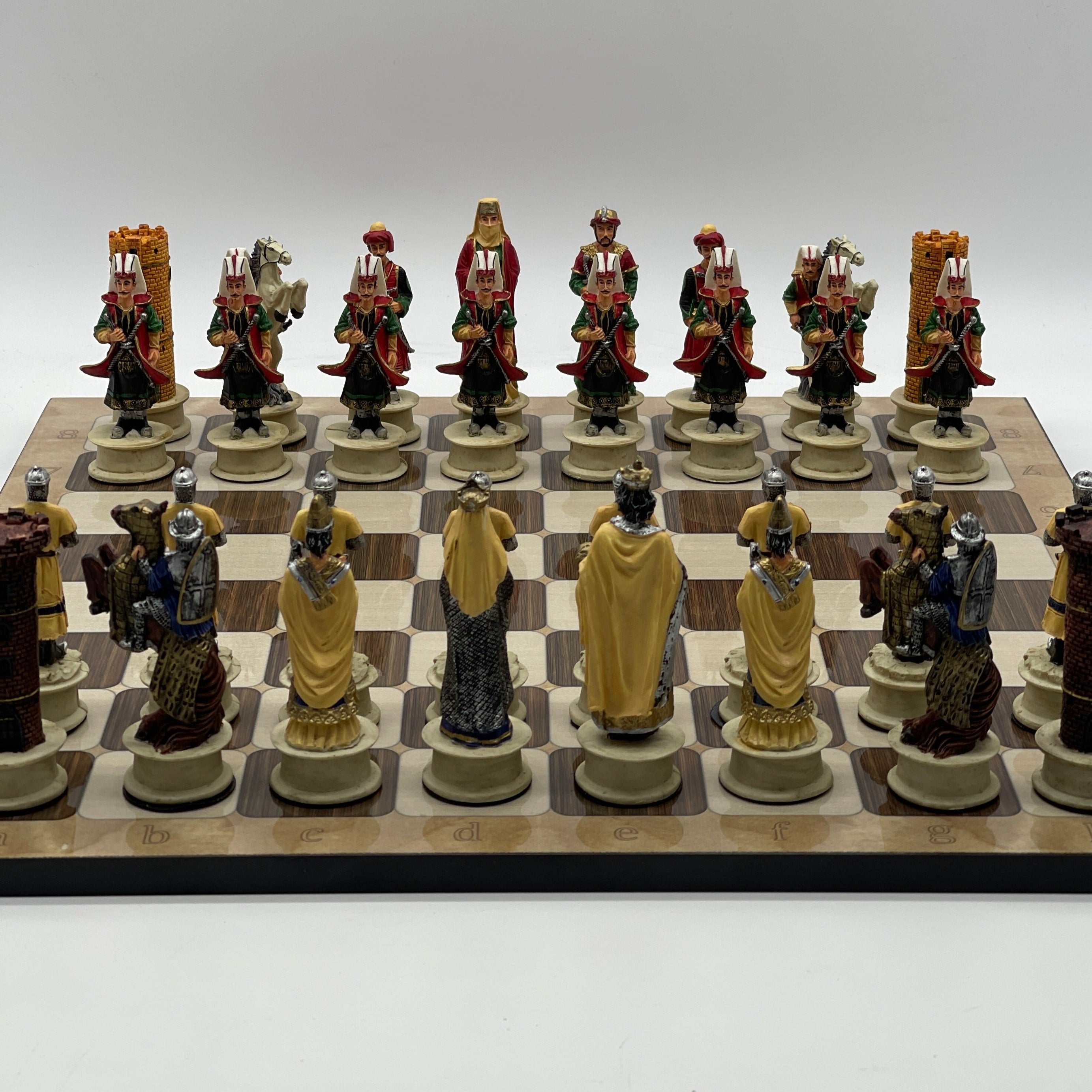 16.5" Brown Marble Pattern Chess Board With Polyester Red Chess Pieces