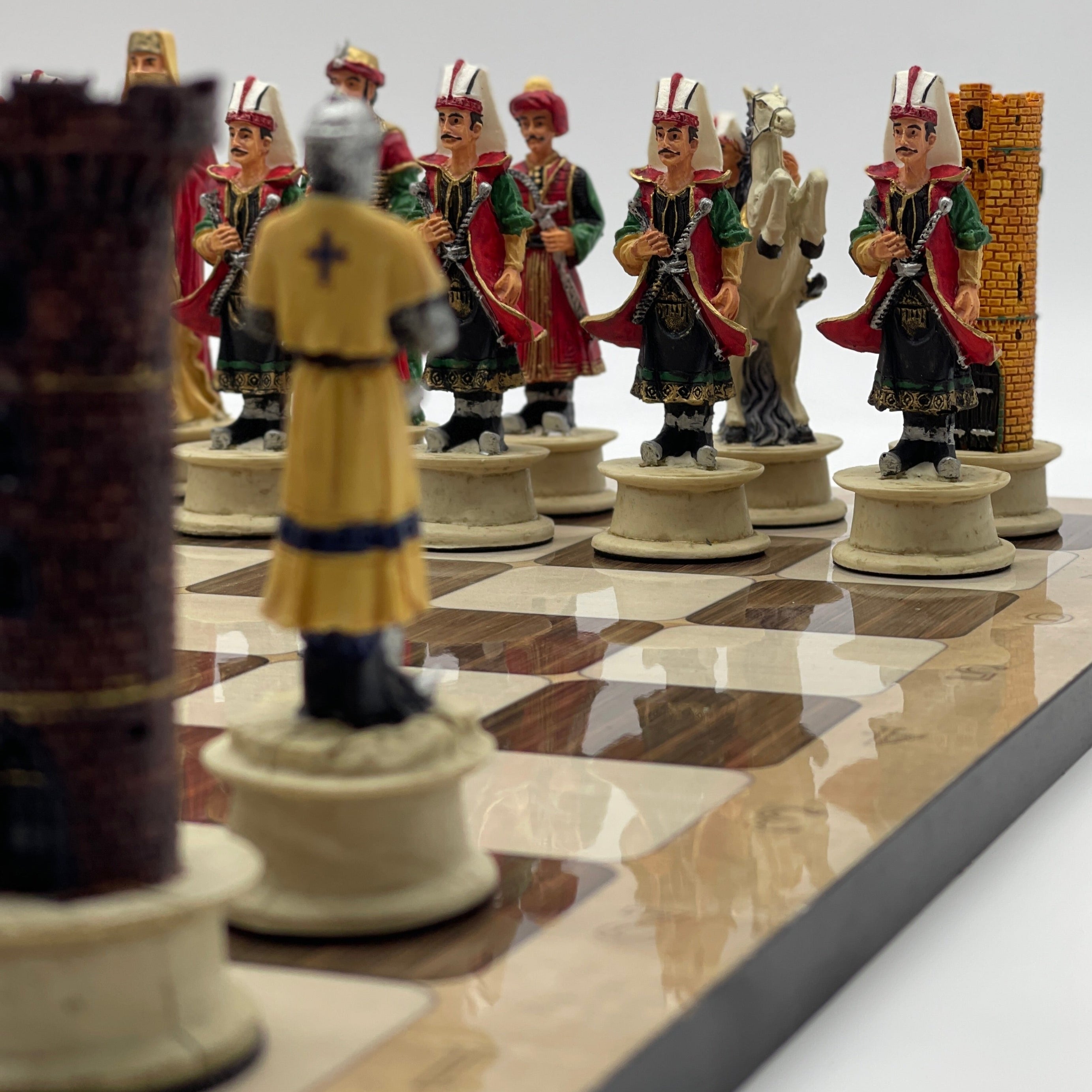 16.5" Brown Marble Pattern Chess Board With Polyester Red Chess Pieces