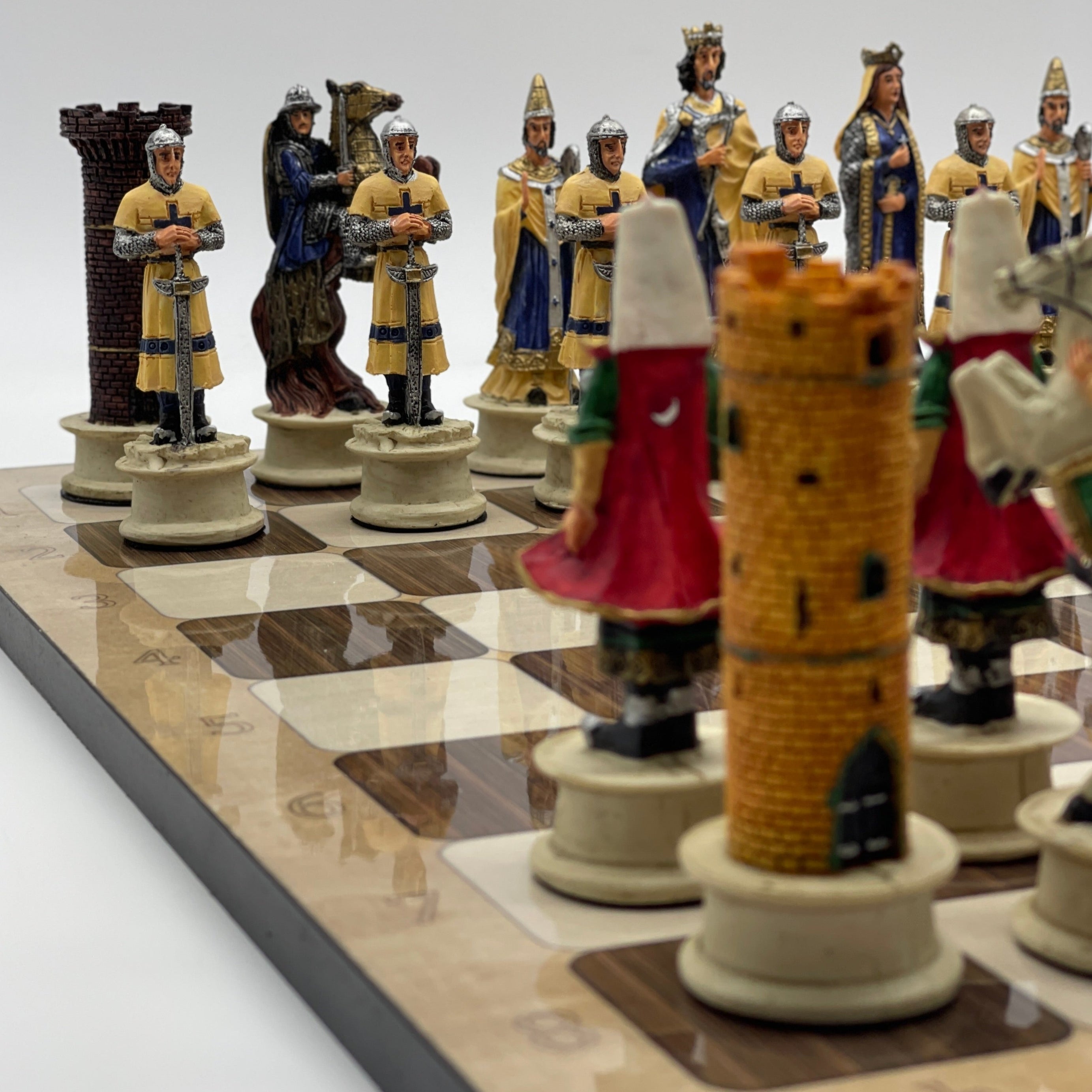 16.5" Brown Marble Pattern Chess Board With Polyester Red Chess Pieces