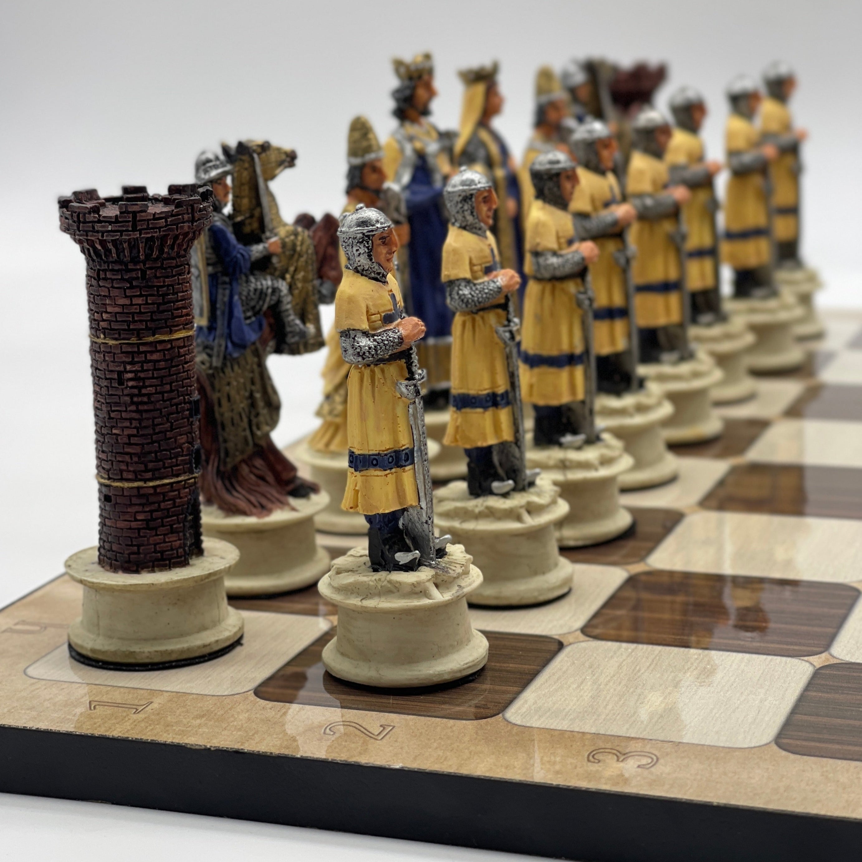 16.5" Brown Marble Pattern Chess Board With Polyester Red Chess Pieces