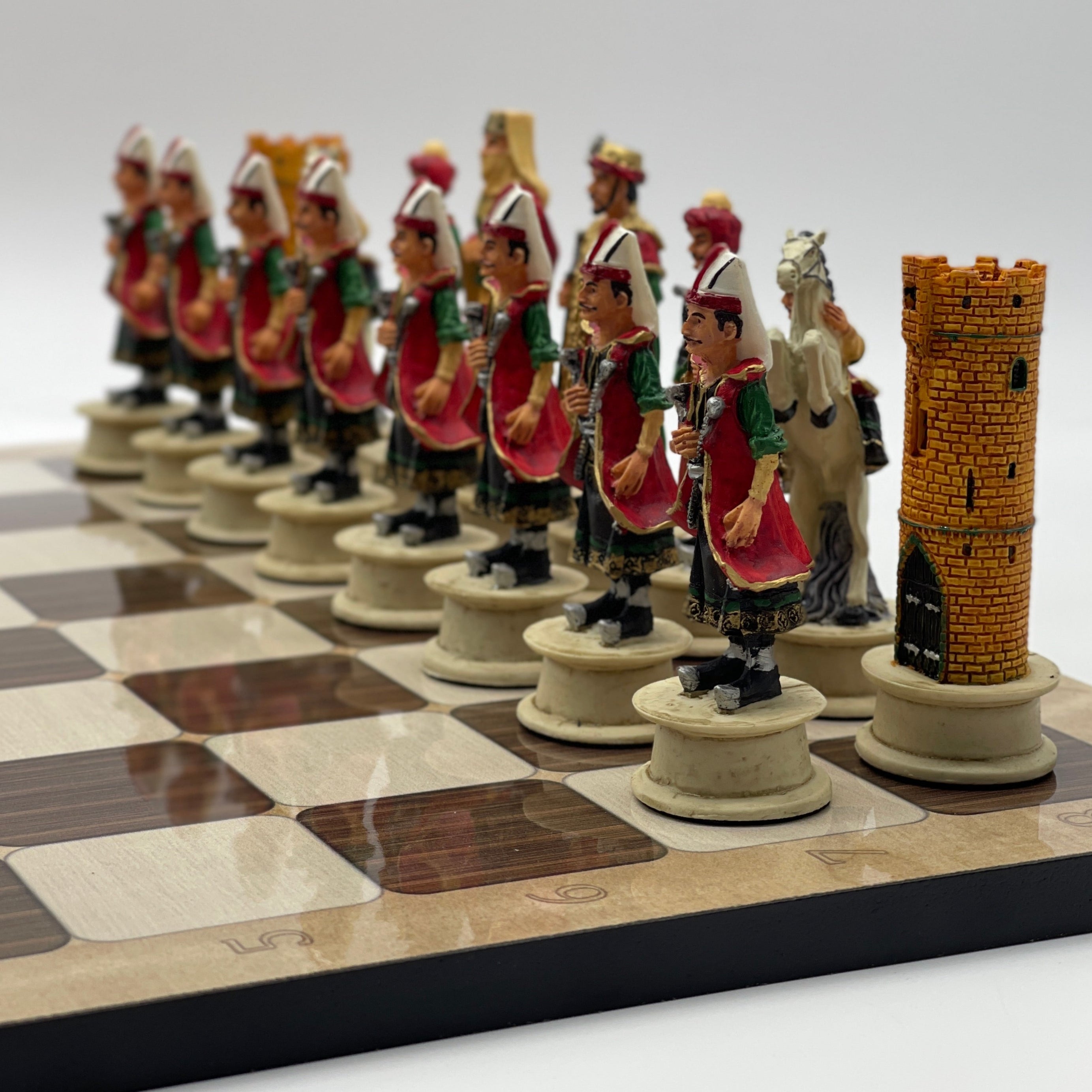 16.5" Brown Marble Pattern Chess Board With Polyester Red Chess Pieces