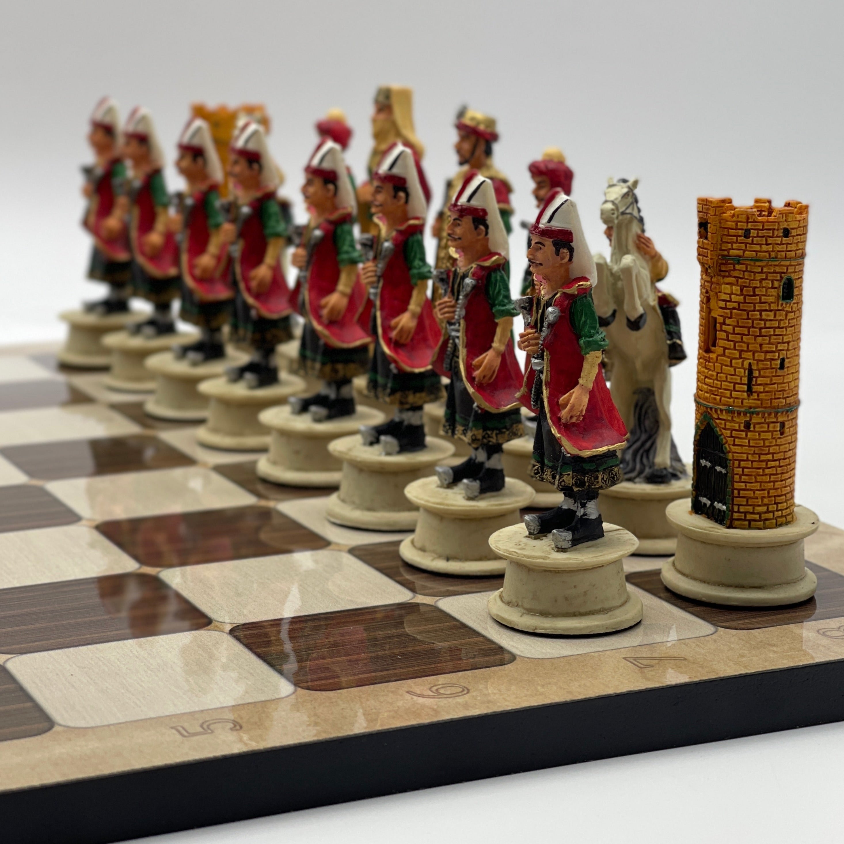 16.5" Brown Marble Pattern Chess Board With Polyester Red Chess Pieces