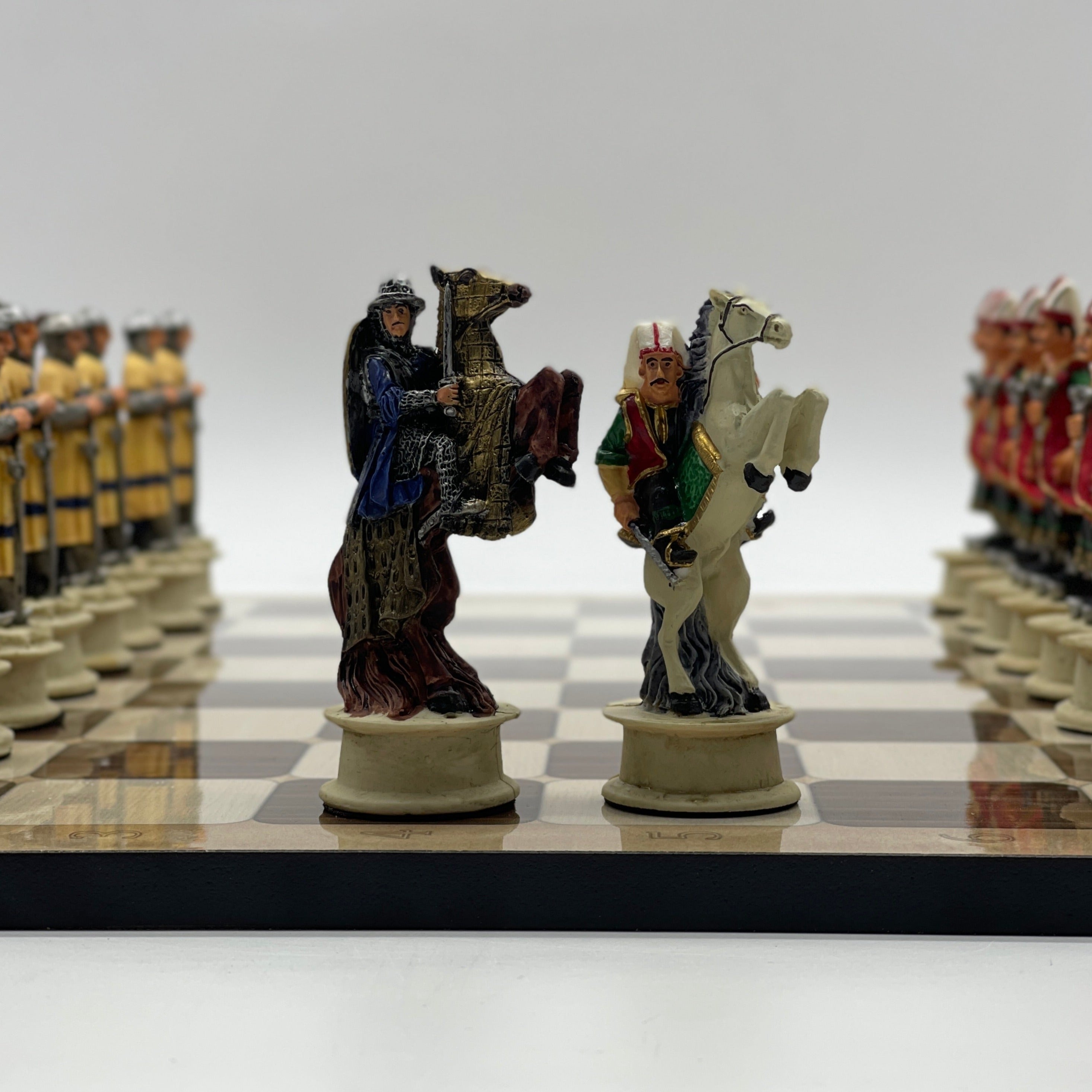 16.5" Brown Marble Pattern Chess Board With Polyester Red Chess Pieces