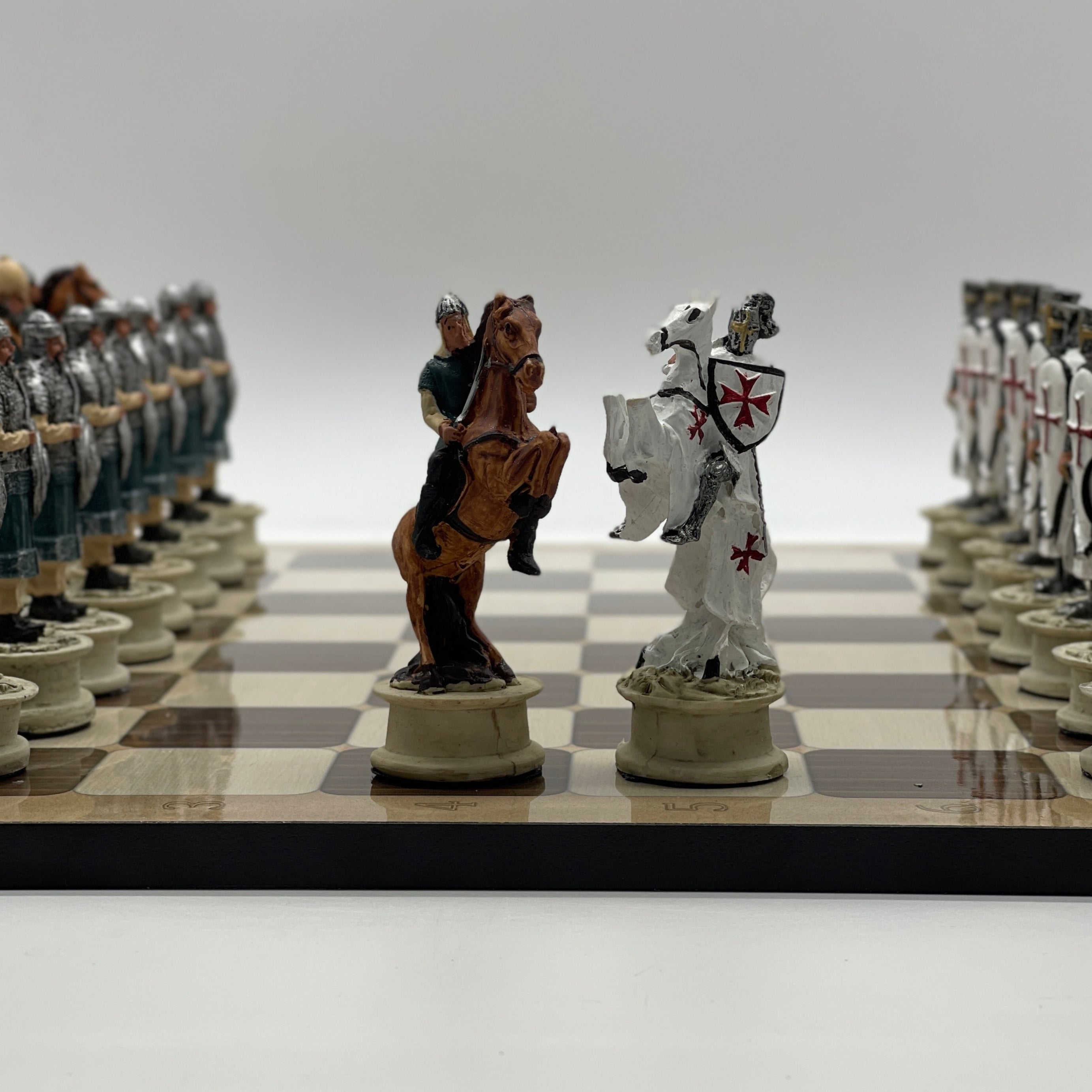 16.5" Brown Marble Pattern Chess Board With Polyester Chess Pieces