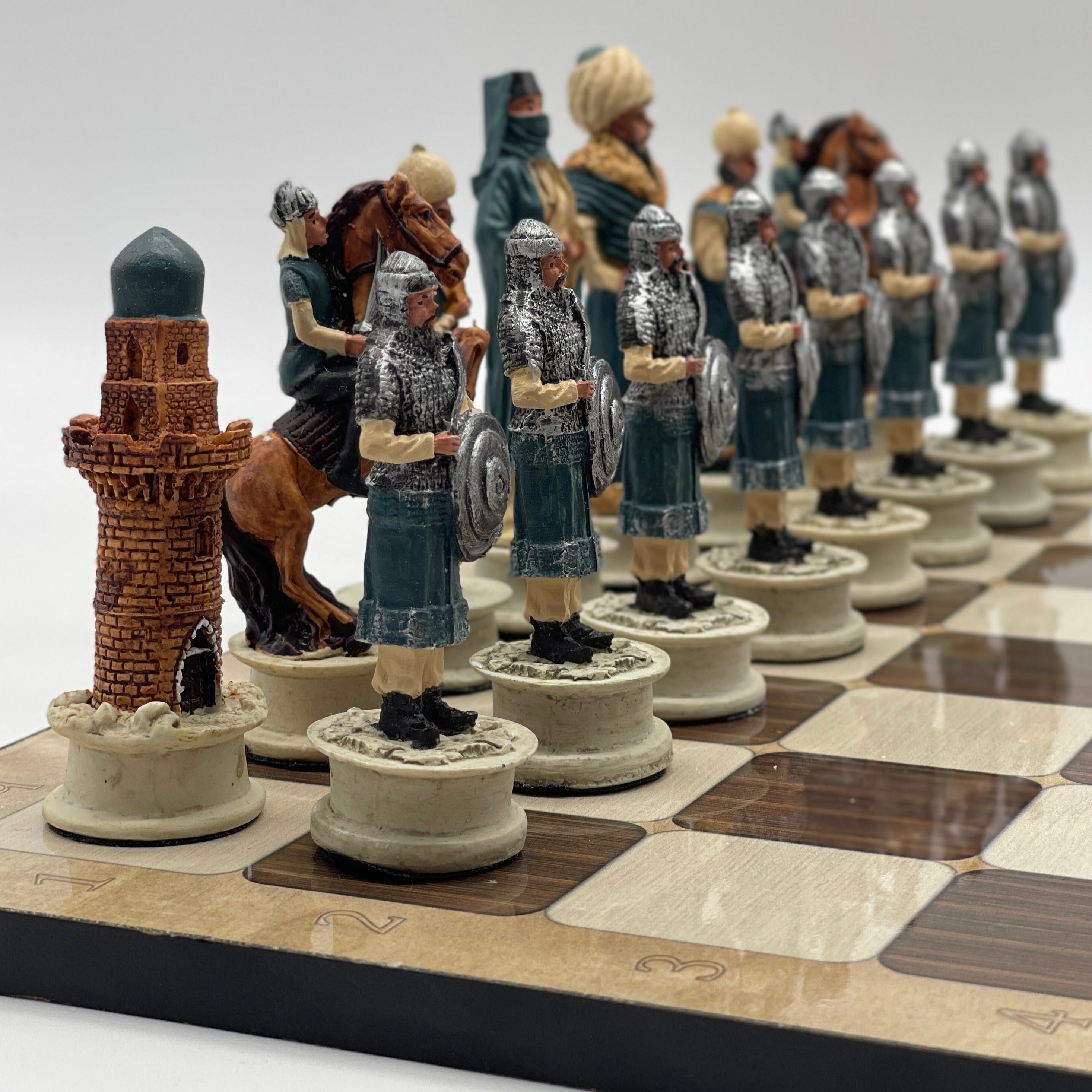 16.5" Brown Marble Pattern Chess Board With Polyester Chess Pieces