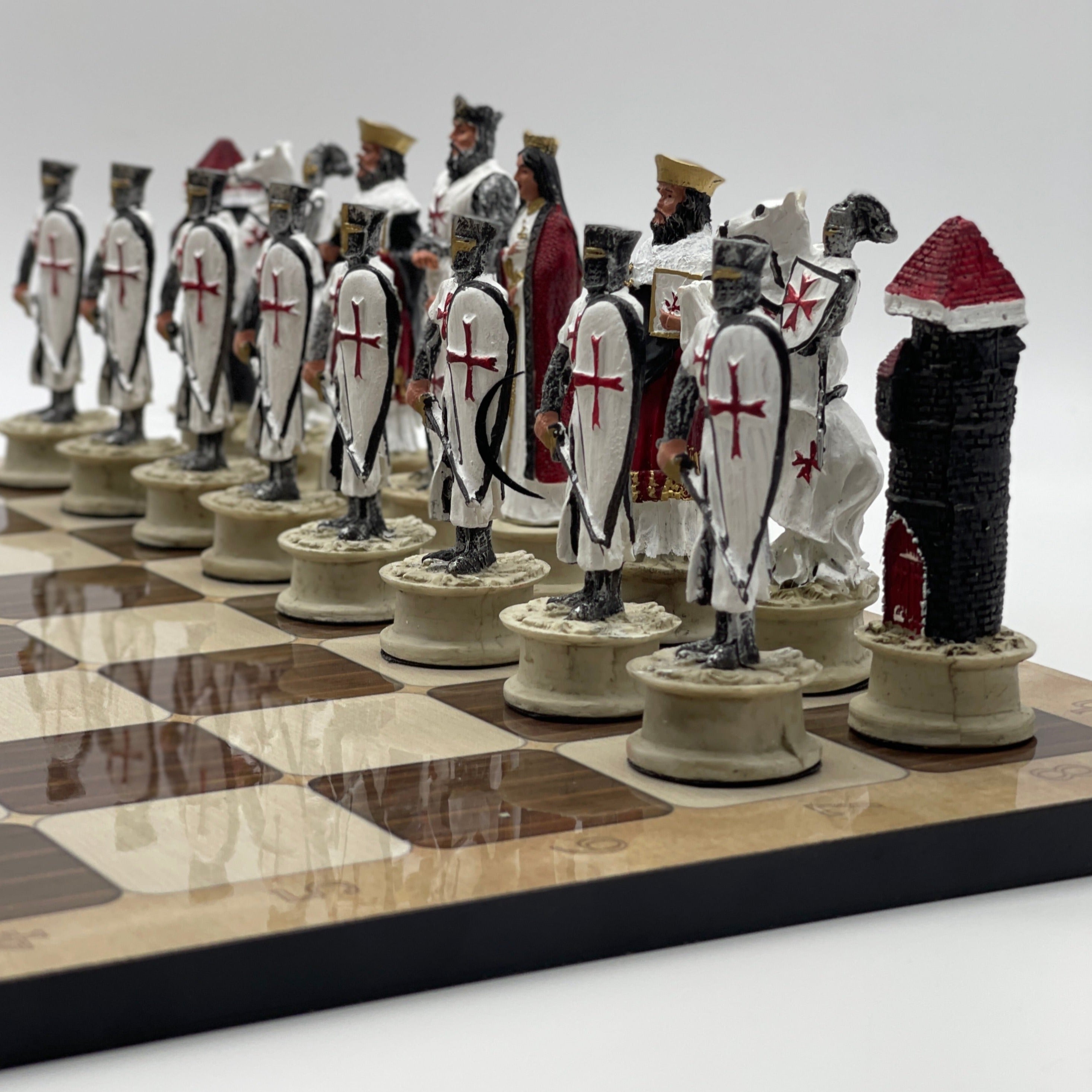 16.5" Brown Marble Pattern Chess Board With Polyester Chess Pieces