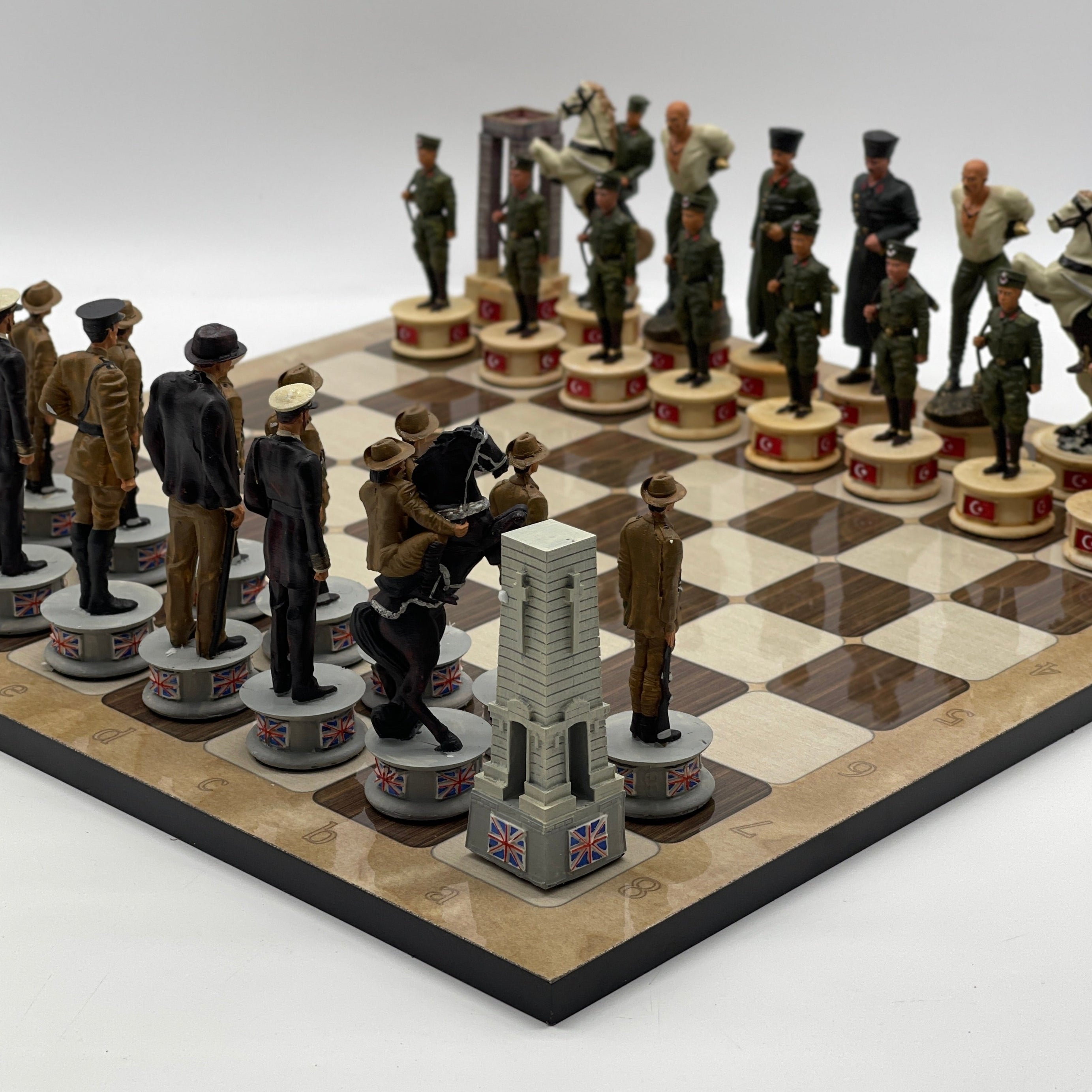 16.5" Brown Marble Pattern Chess Board With Gallipoli Campaign Chess Pieces