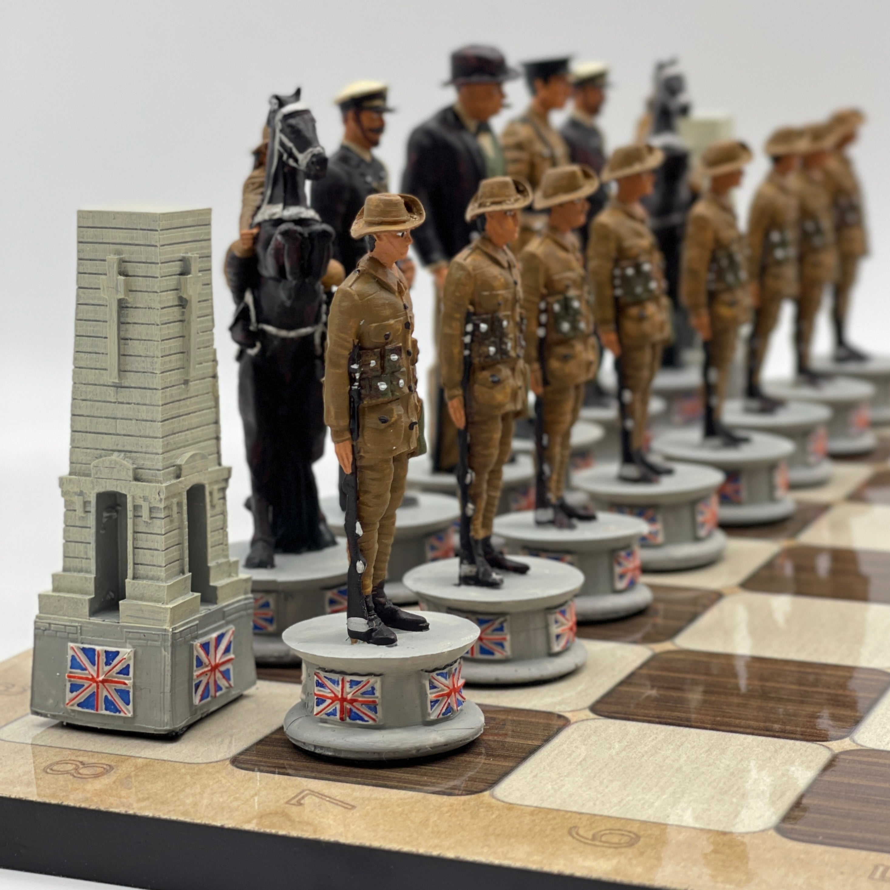 16.5" Brown Marble Pattern Chess Board With Gallipoli Campaign Chess Pieces