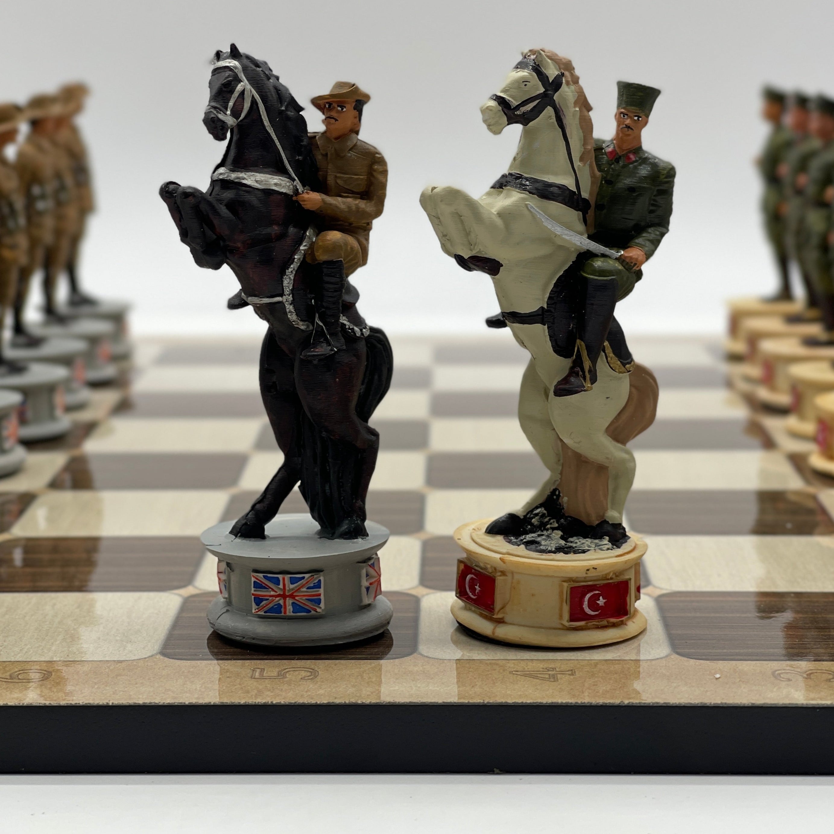 16.5" Brown Marble Pattern Chess Board With Gallipoli Campaign Chess Pieces
