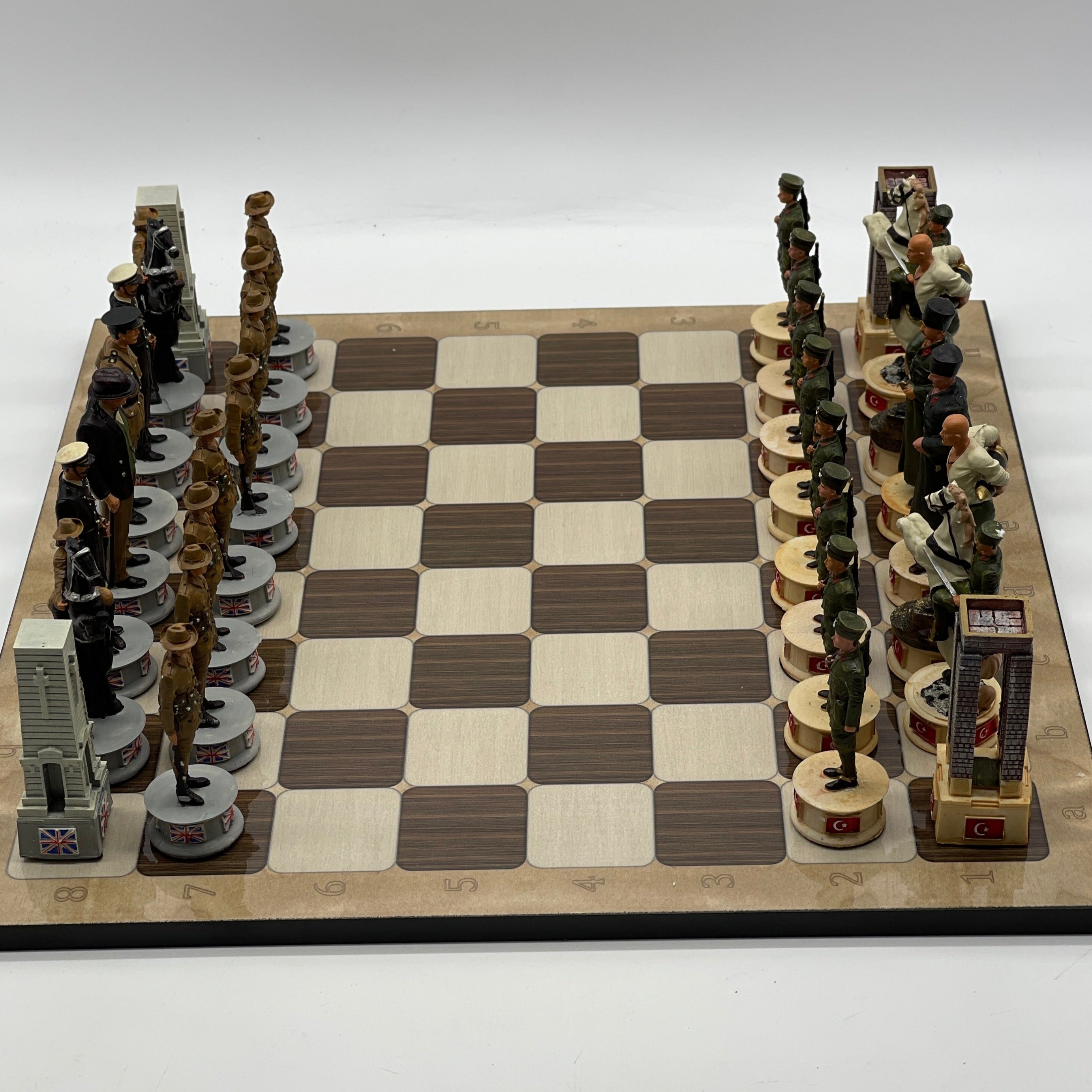 16.5" Brown Marble Pattern Chess Board With Gallipoli Campaign Chess Pieces