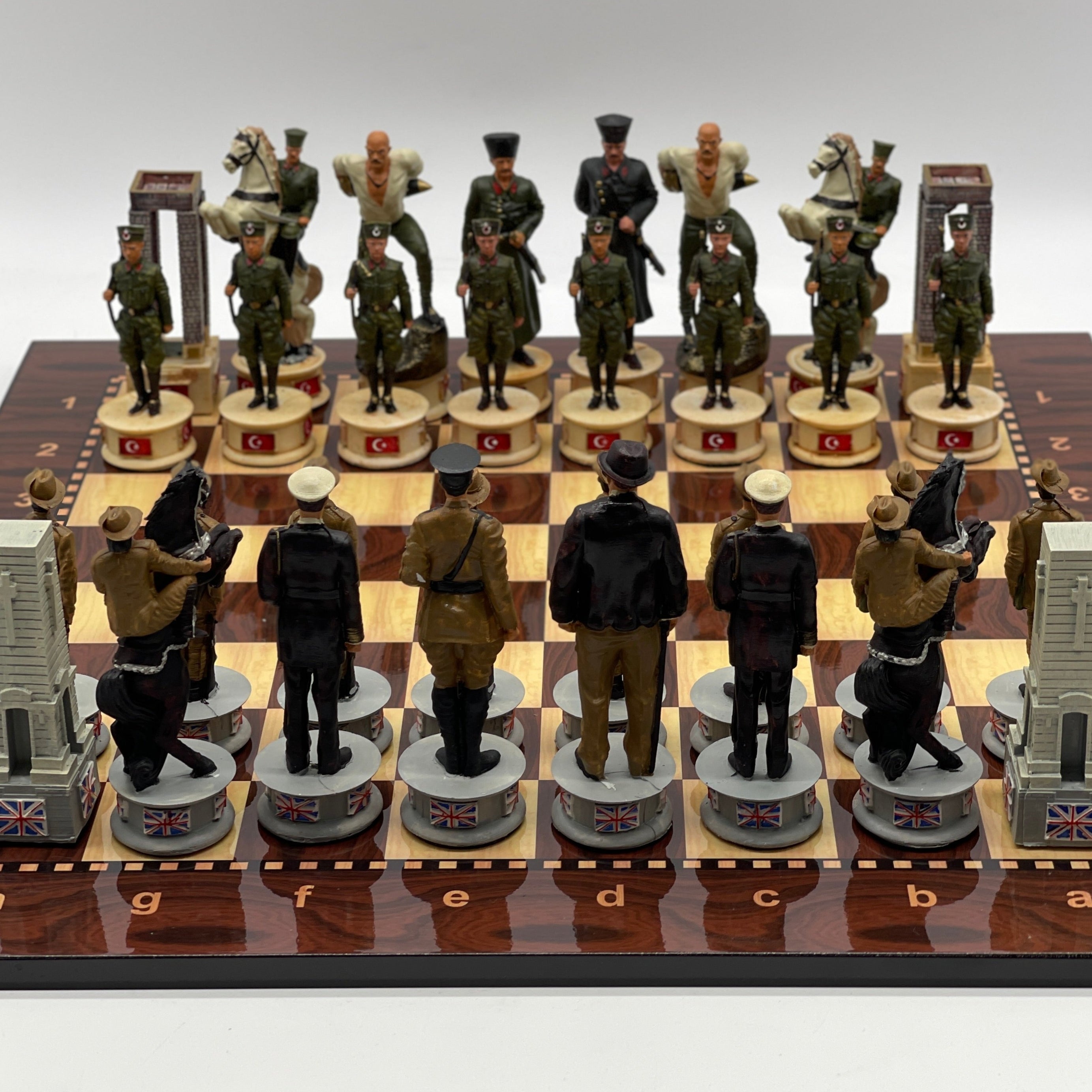 Large Walnut Marble Pattern Chess Board With Gallipoli Campaign Chess Pieces
