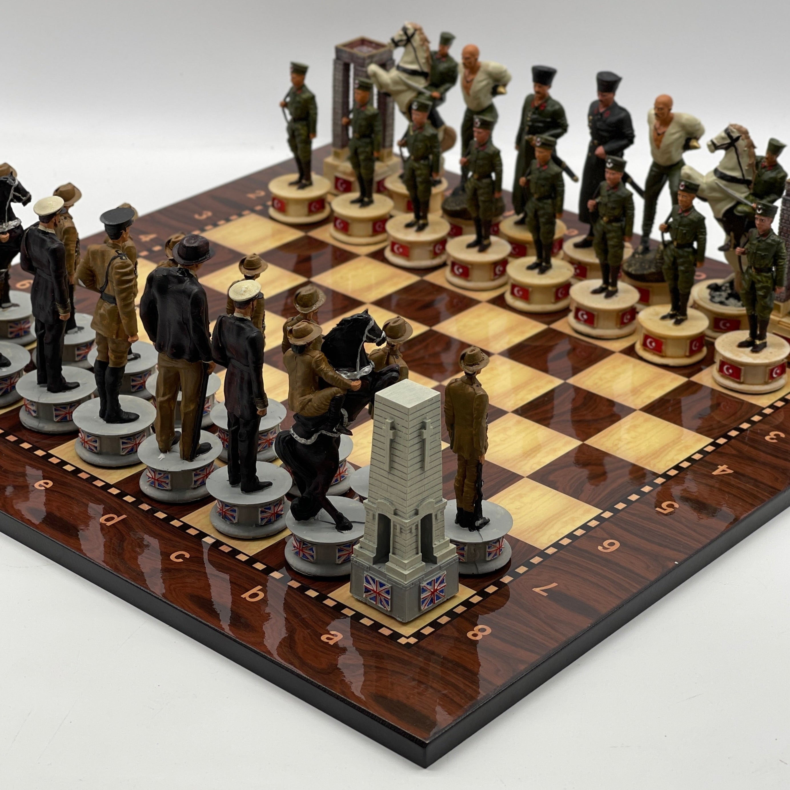 Large Walnut Marble Pattern Chess Board With Gallipoli Campaign Chess Pieces